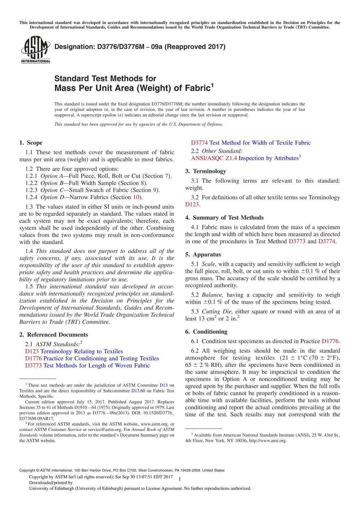 ASTM D3776 D3776M-09a(2017) Standard Test Methods for Mass Per Unit Area (Weight) of Fabric