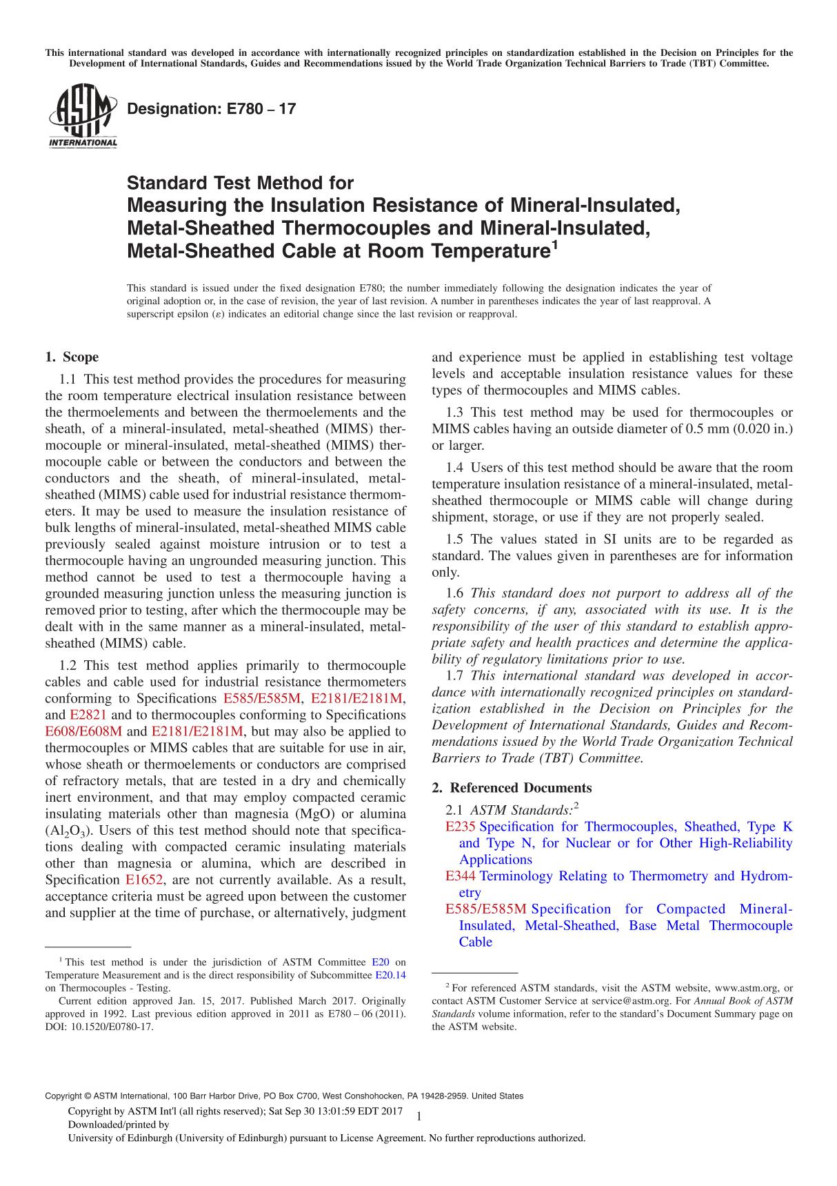 ASTM E780-17 Standard Test Method for Measuring the Insulation Resistance of Mineral-Insulated, Metal-Sheathed Thermocouples and