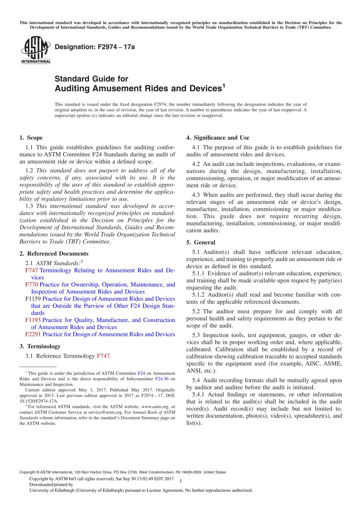 ASTM F2974-17a Standard Guide for Auditing Amusement Rides and Device