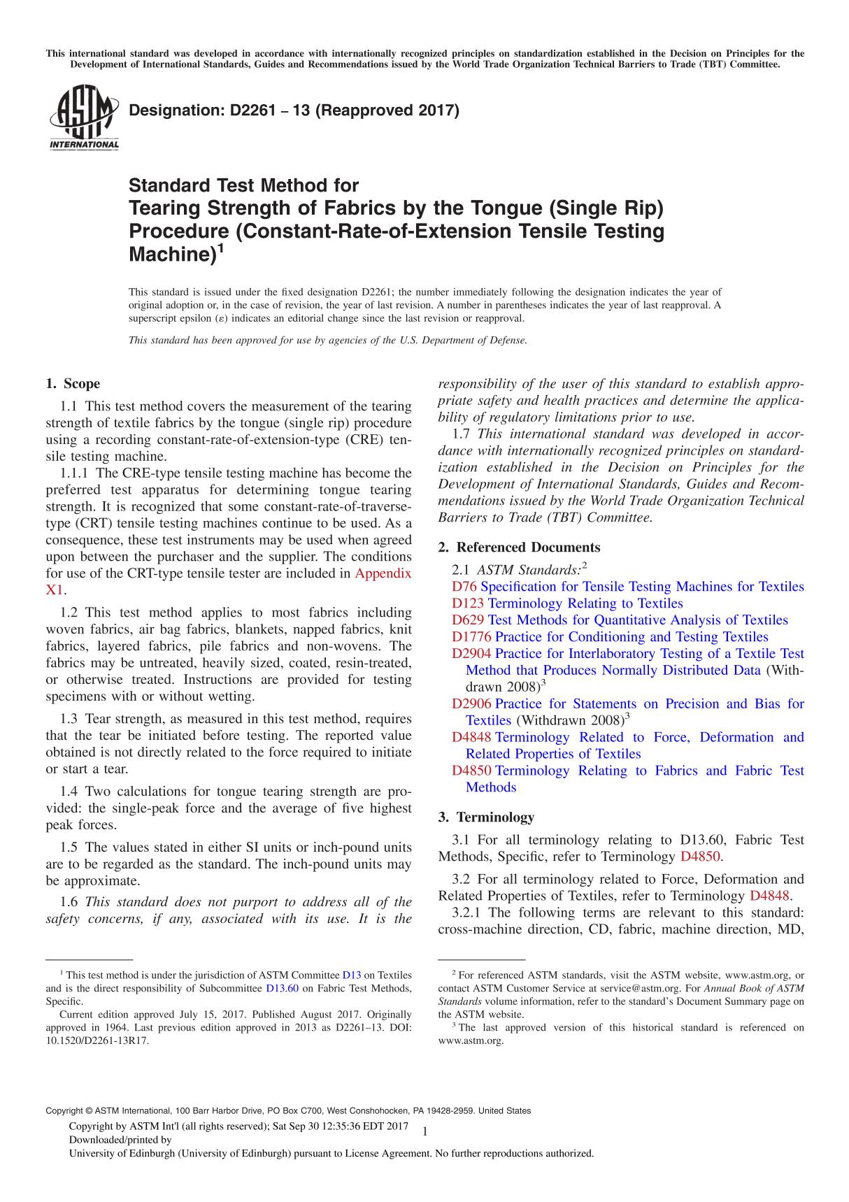 ASTM D2261-13(2017) Standard Test Method for Tearing Strength of Fabrics by the Tongue (Single Rip) Procedure (Constant-Rate-of-