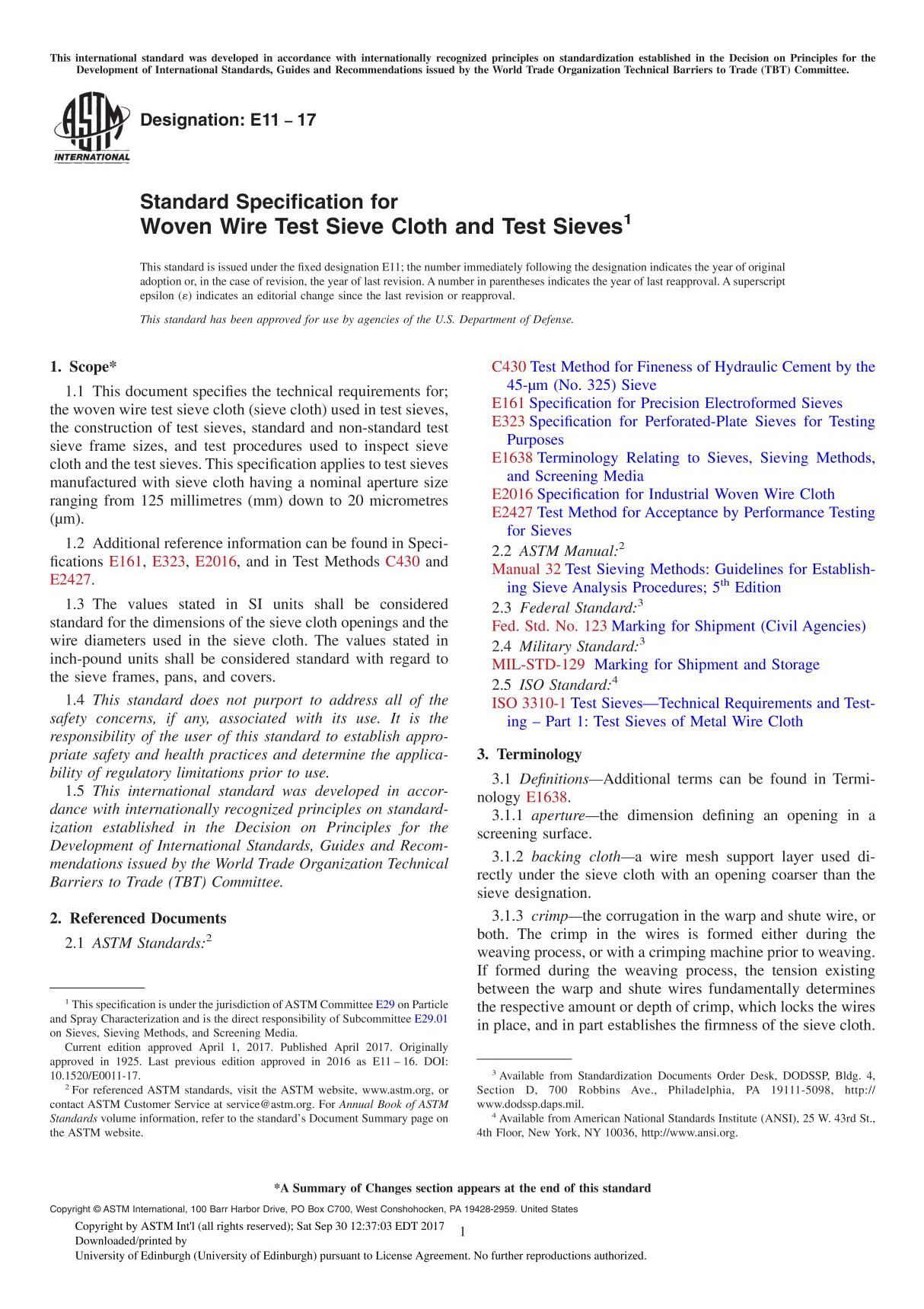 ASTM E11-17 Standard Specification for Woven Wire Test Sieve Cloth and Test Sieve