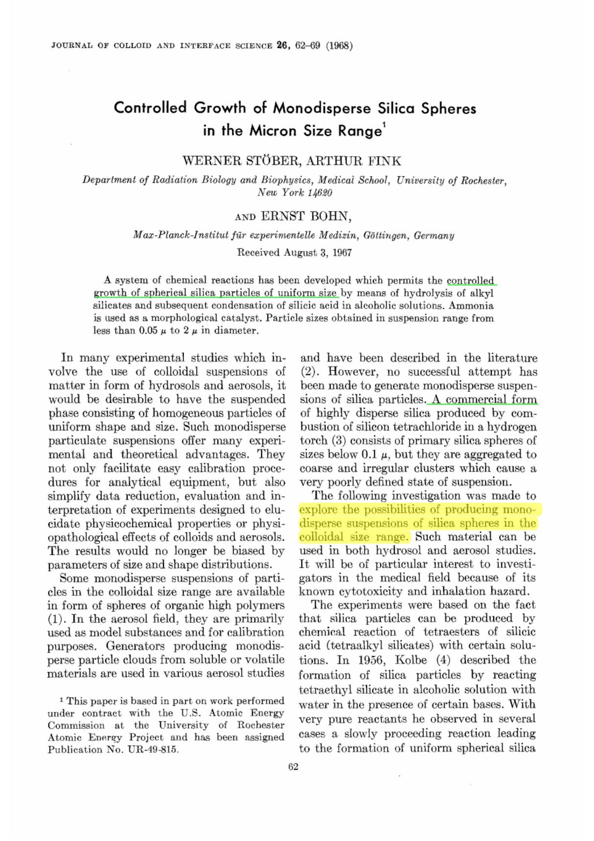 1968 Controlled Growth of Monodisperse Silica Spheres in the Micron Size Range