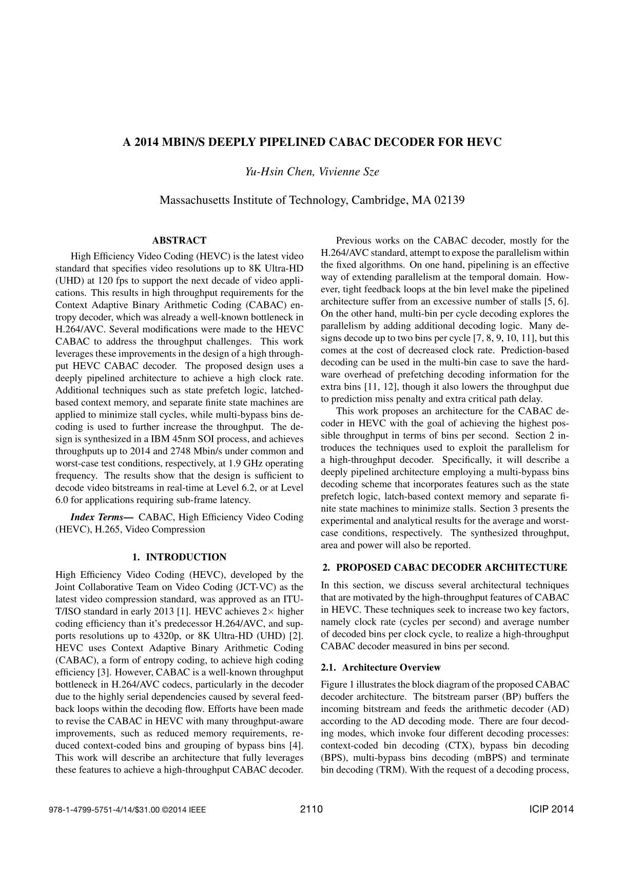 a 2014 mbins deeply pipelined cabac decoder for hevc 2014 mbins深流水cabac解码器hevc