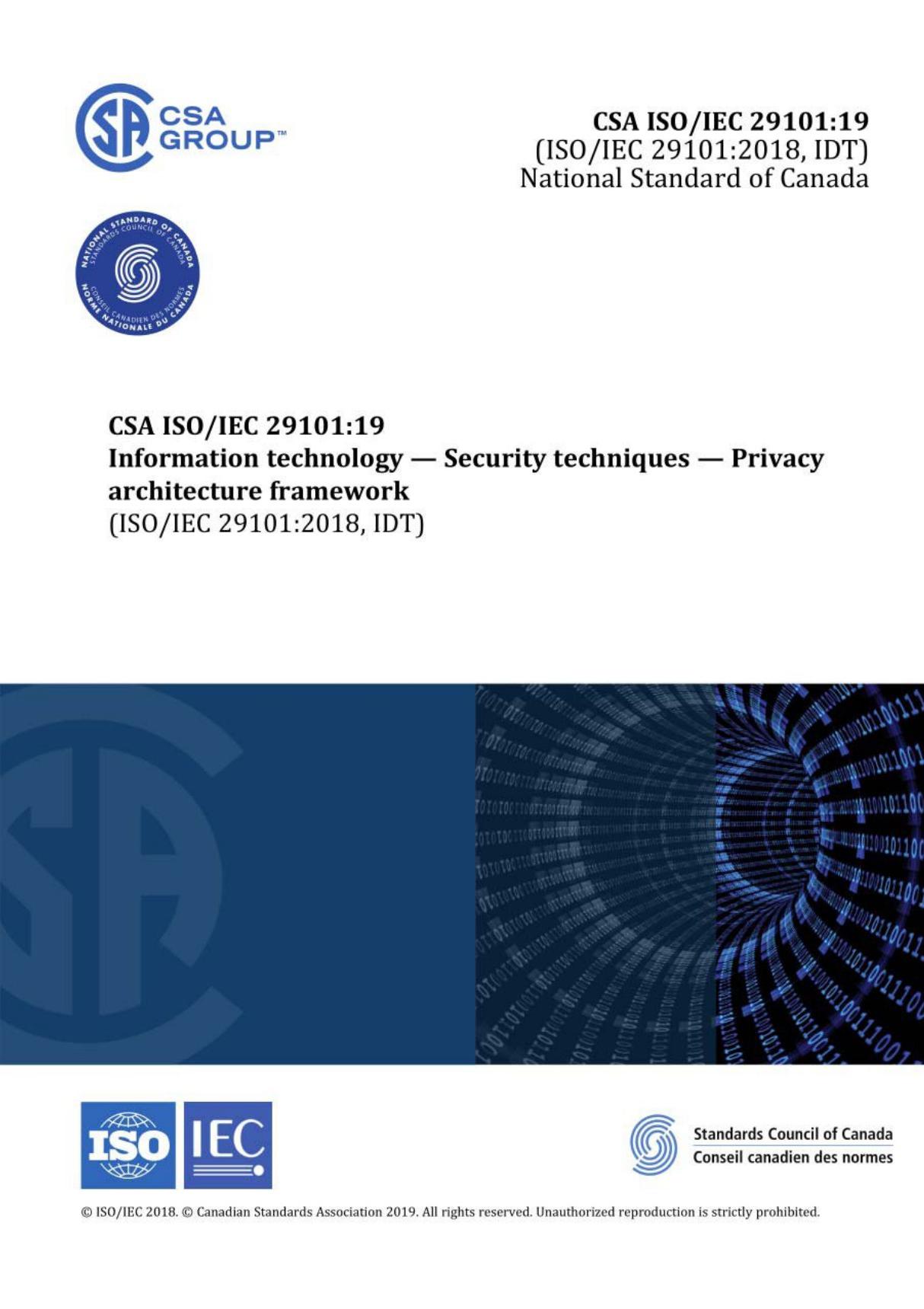 ISO IEC CSA 29101 2019 信息技术 - 安全技术 - 隐私架构框架 - 完整英文版(59页)