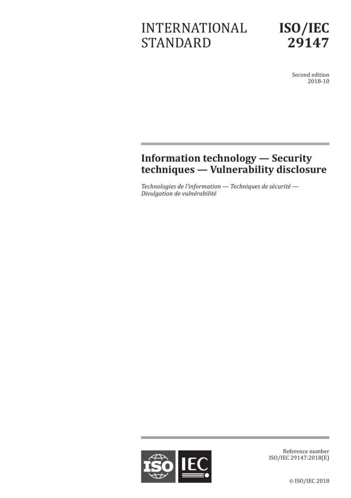 ISO IEC 29147 2018 信息技术 - 安全技术 - 漏洞披露 - 完整英文版(41页)