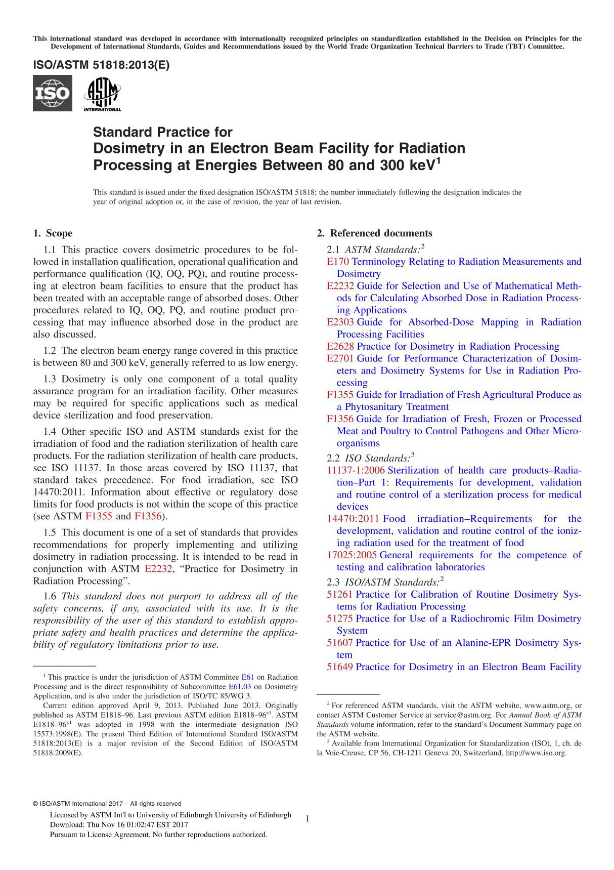 ASTM ISO ASTM 51818-13 Standard Practice for Dosimetry in an Electron Beam Facility for Radiation Processing at Energies Between