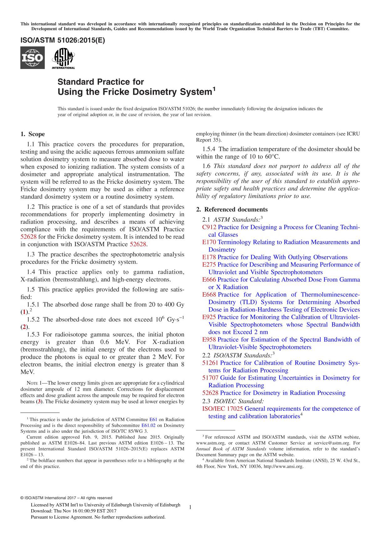 ASTM ISO ASTM 51026-15 Standard Practice for Using the Fricke Dosimetry System