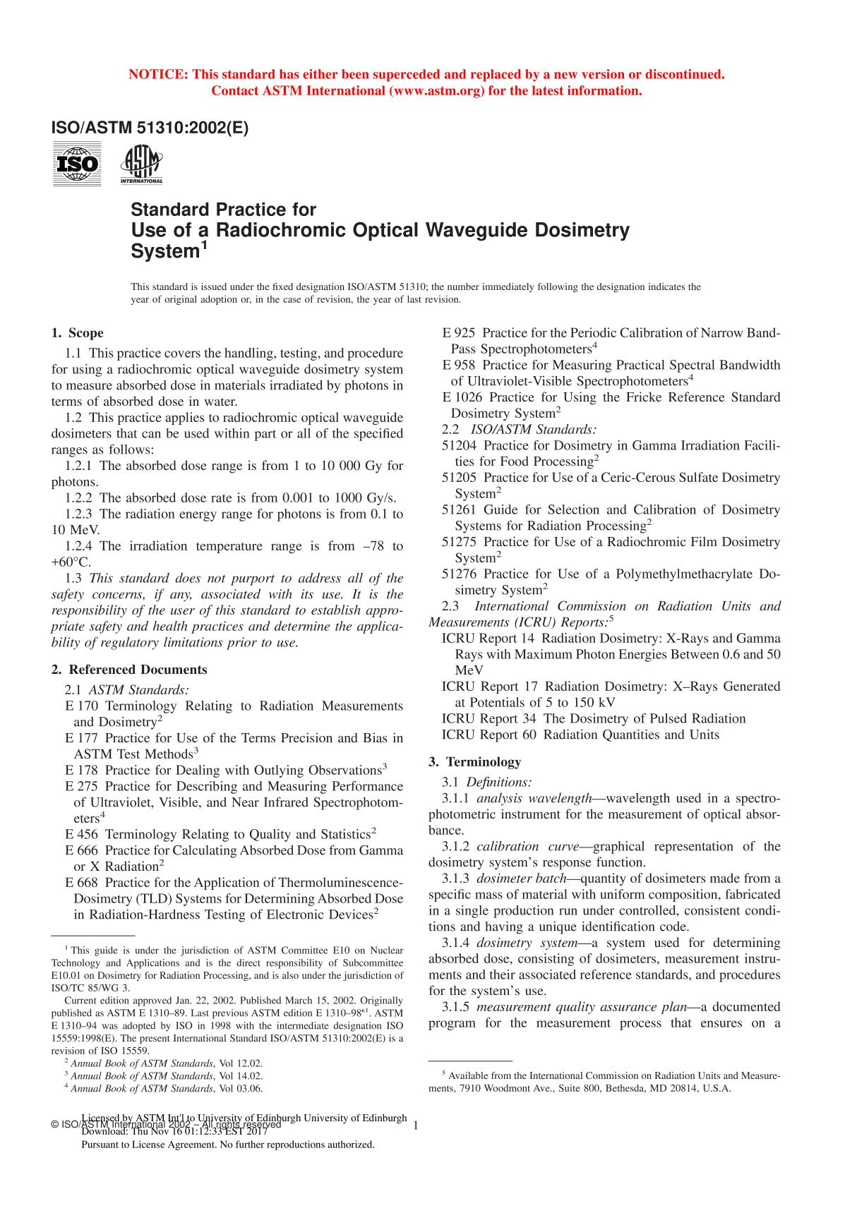 ISO ASTM51310 - 02 Standard Practice for Use of a Radiochromic Optical Waveguide Dosimetry System