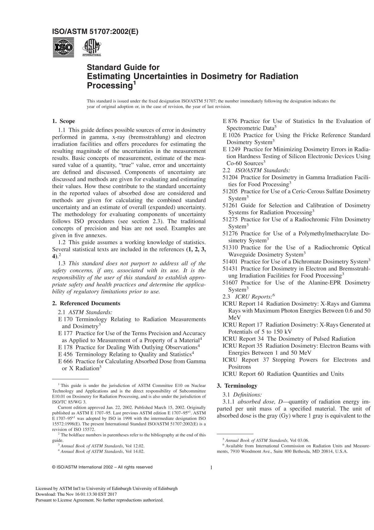 ISO ASTM 51707 - 02 Standard Guide for Estimating Uncertainties in Dosimetry for Radiation Processing