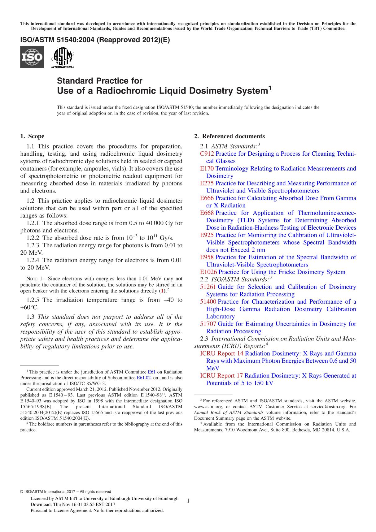 ASTM ISO ASTM 51540-04(2012) Standard Practice for Use of a Radiochromic Liquid Dosimetry System