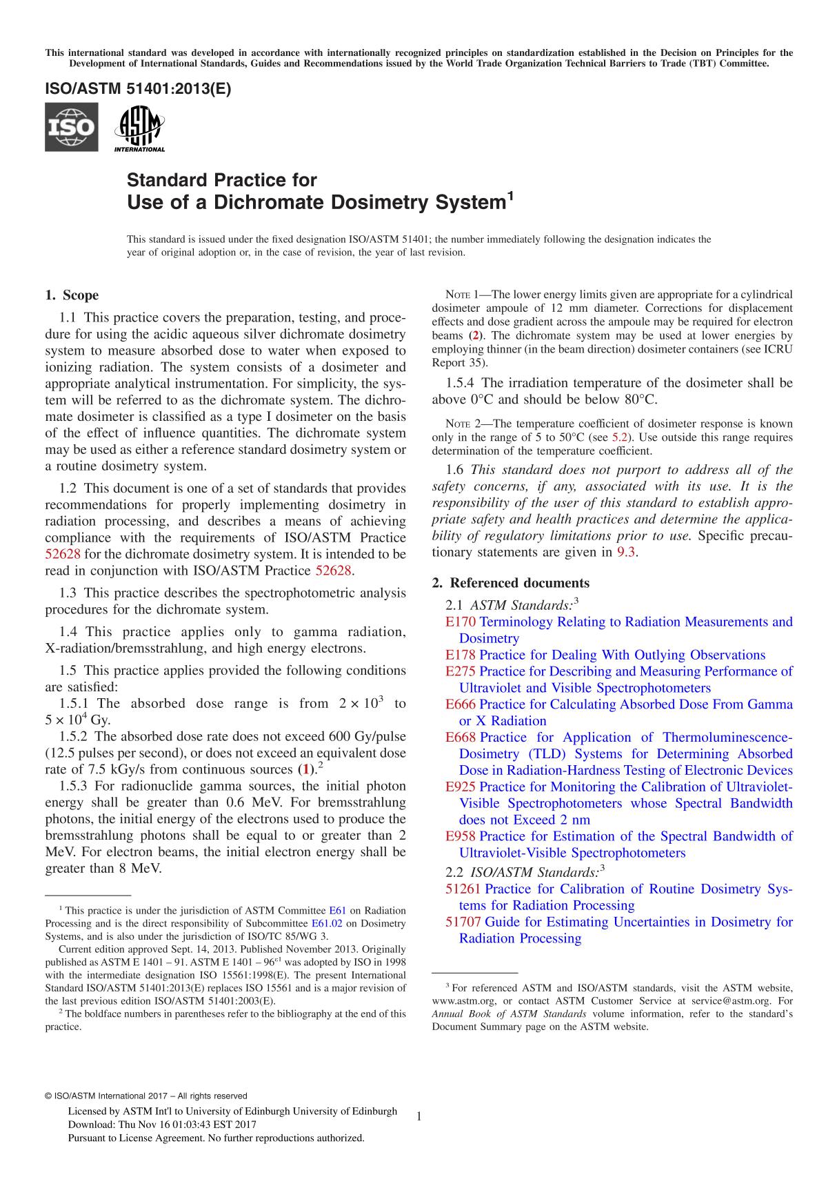 ASTM ISO ASTM 51401-13 Standard Practice for Use of a Dichromate Dosimetry System