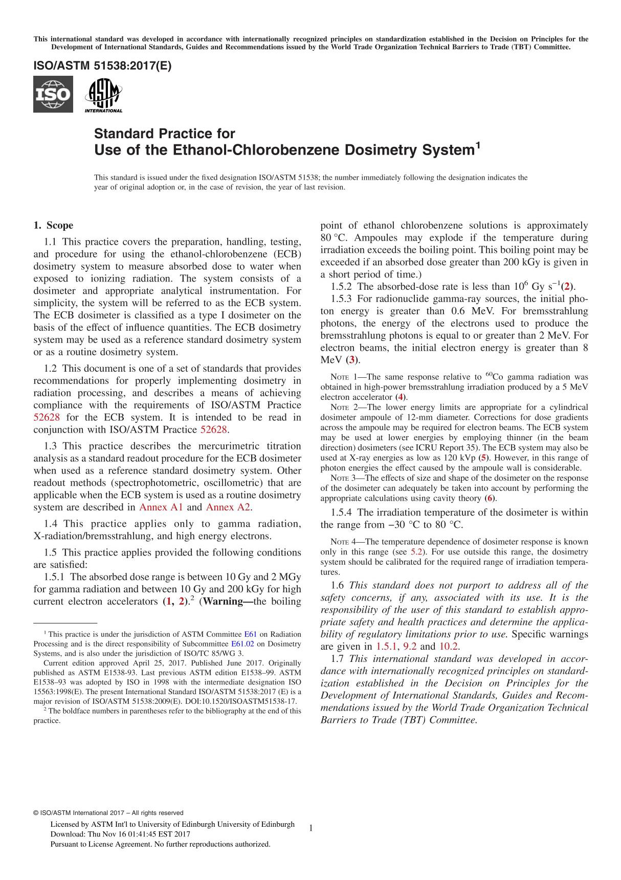 ASTM ISO ASTM 51538-17 Standard Practice for Use of the Ethanol-Chlorobenzene Dosimetry System