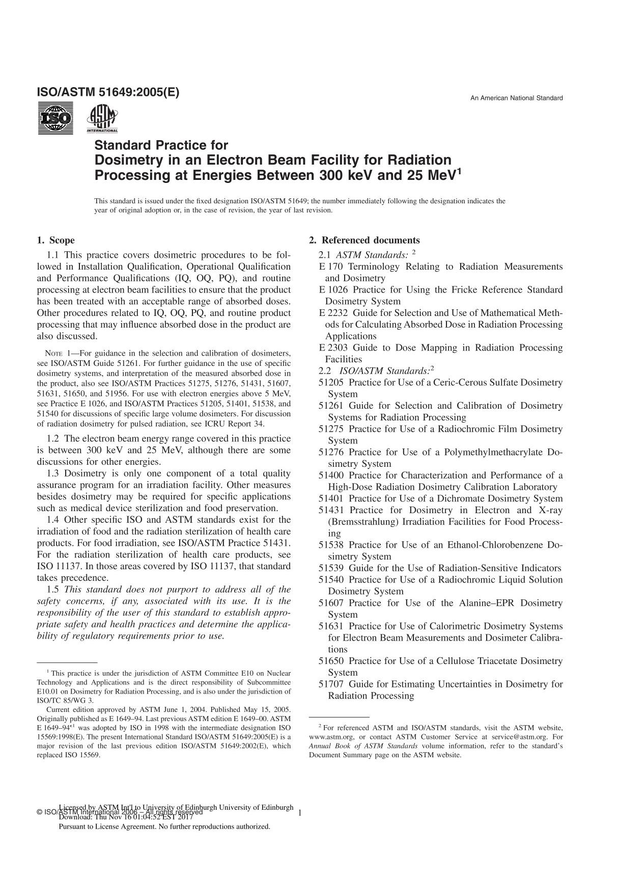 ISO ASTM51649 - 05 Standard Practice for Dosimetry in an Electron Beam Facility for Radiation Processing at Energies Between 30