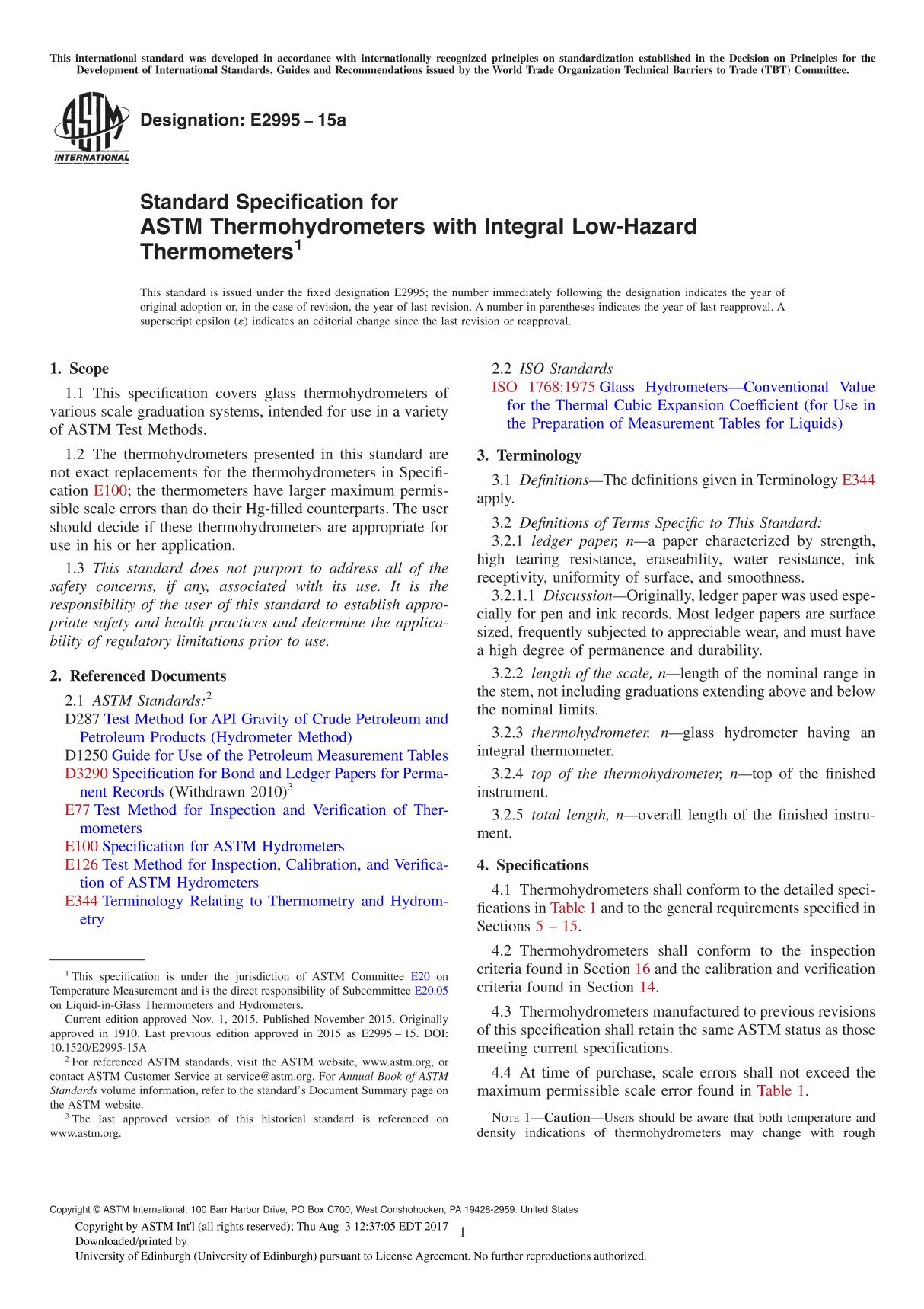 ASTM E2995 15a Standard Specification for ASTM Thermohydrometers with Integral Low-Hazard Thermometers1