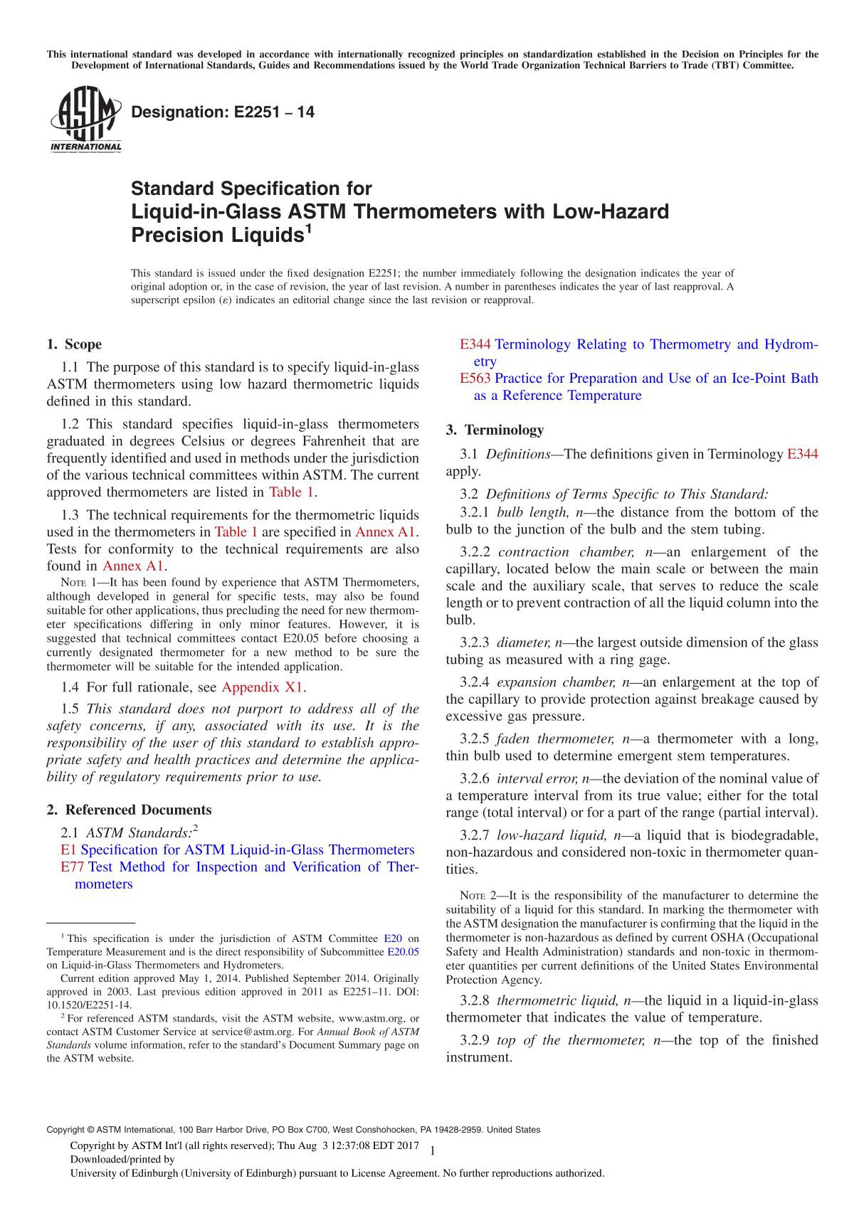 ASTM E2251 14 Standard Specification for Liquid-in-Glass ASTM Thermometers with Low-Hazard Precision Liquids1