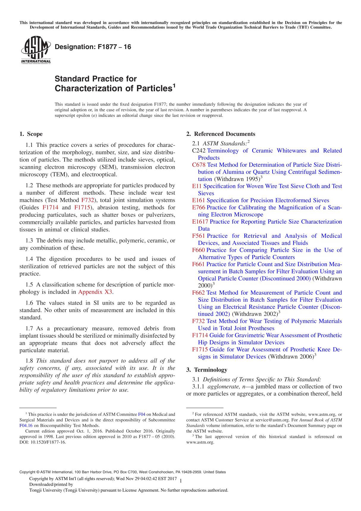 ASTM F1877-16 Standard Practice for Characterization of Particle