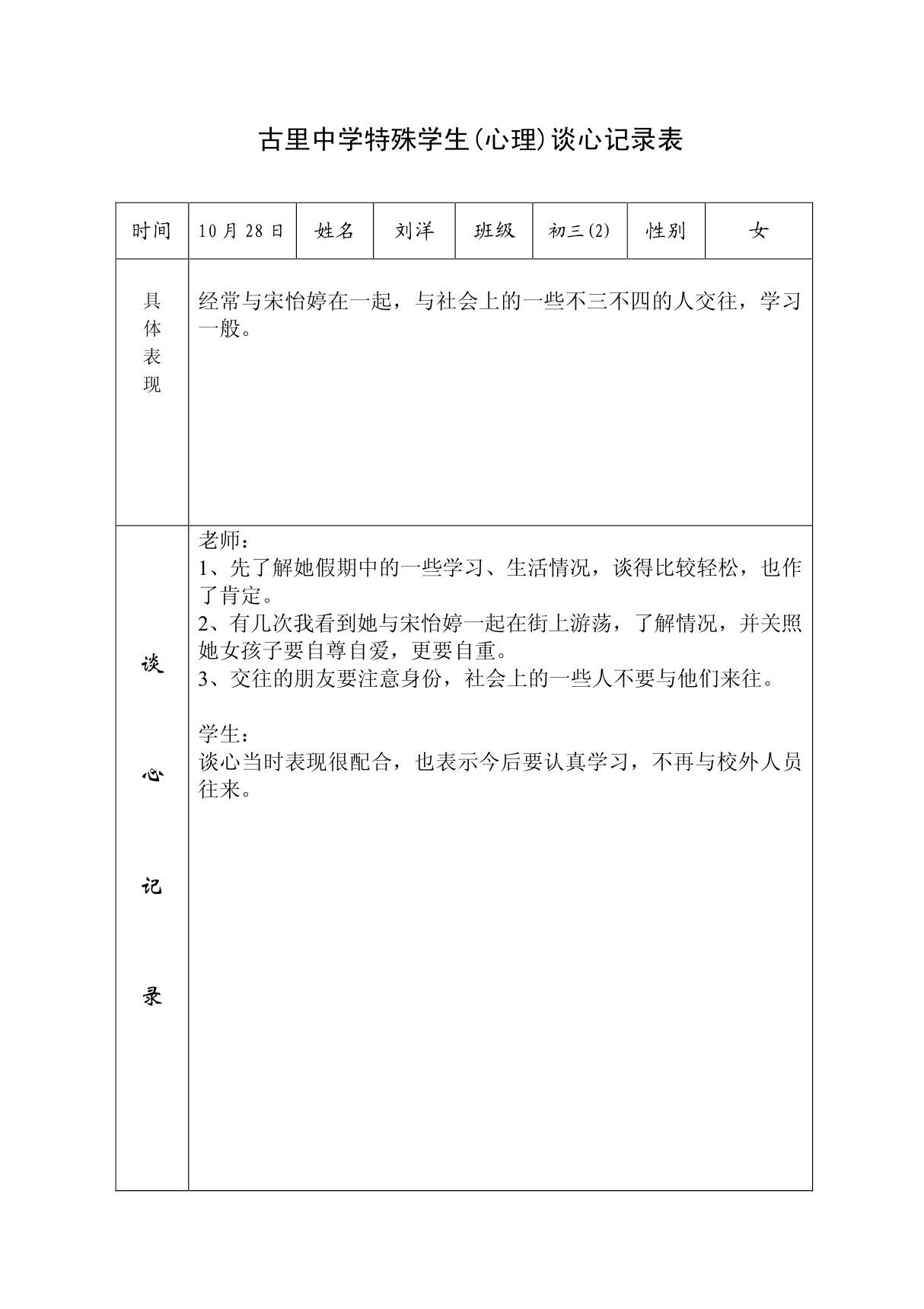 古里中学特殊学生(心理)谈心记录表