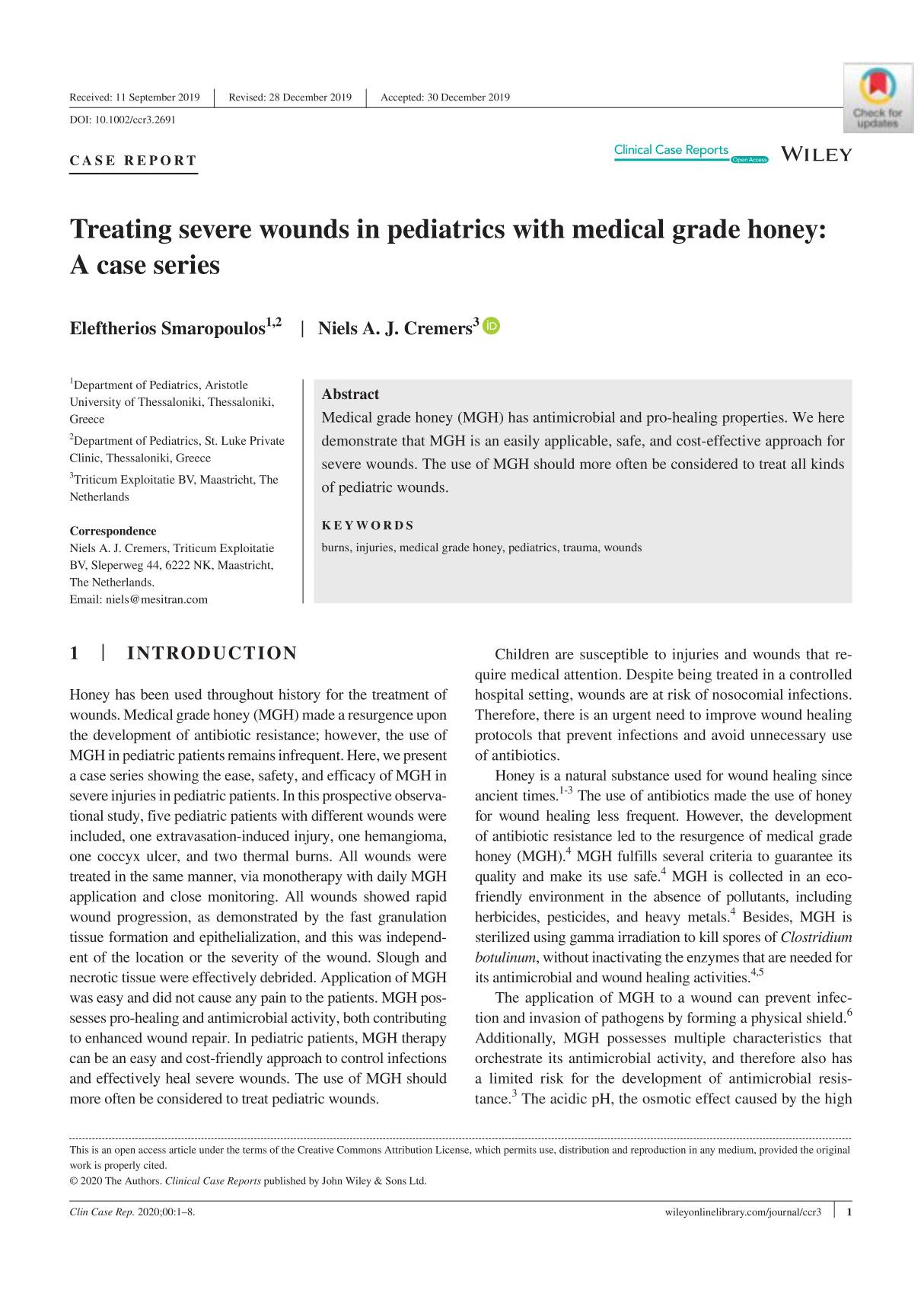 Treating severe wounds in pediatrics with medical grade honey  A case series 2020 Eleftherios Smaropoulos