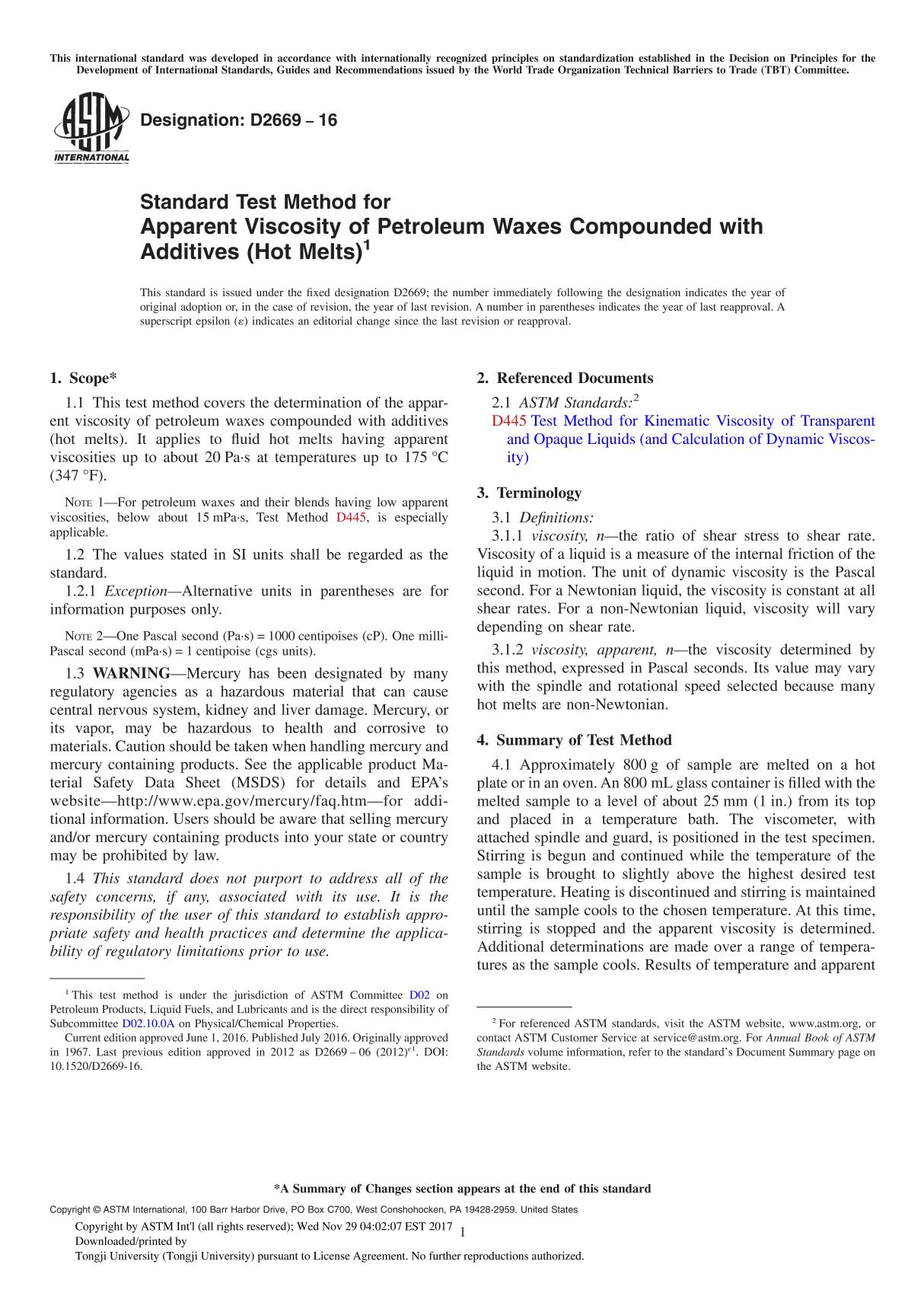 ASTM D2669-16 Standard Test Method for Apparent Viscosity of Petroleum Waxes Compounded with Additives (Hot Melts)