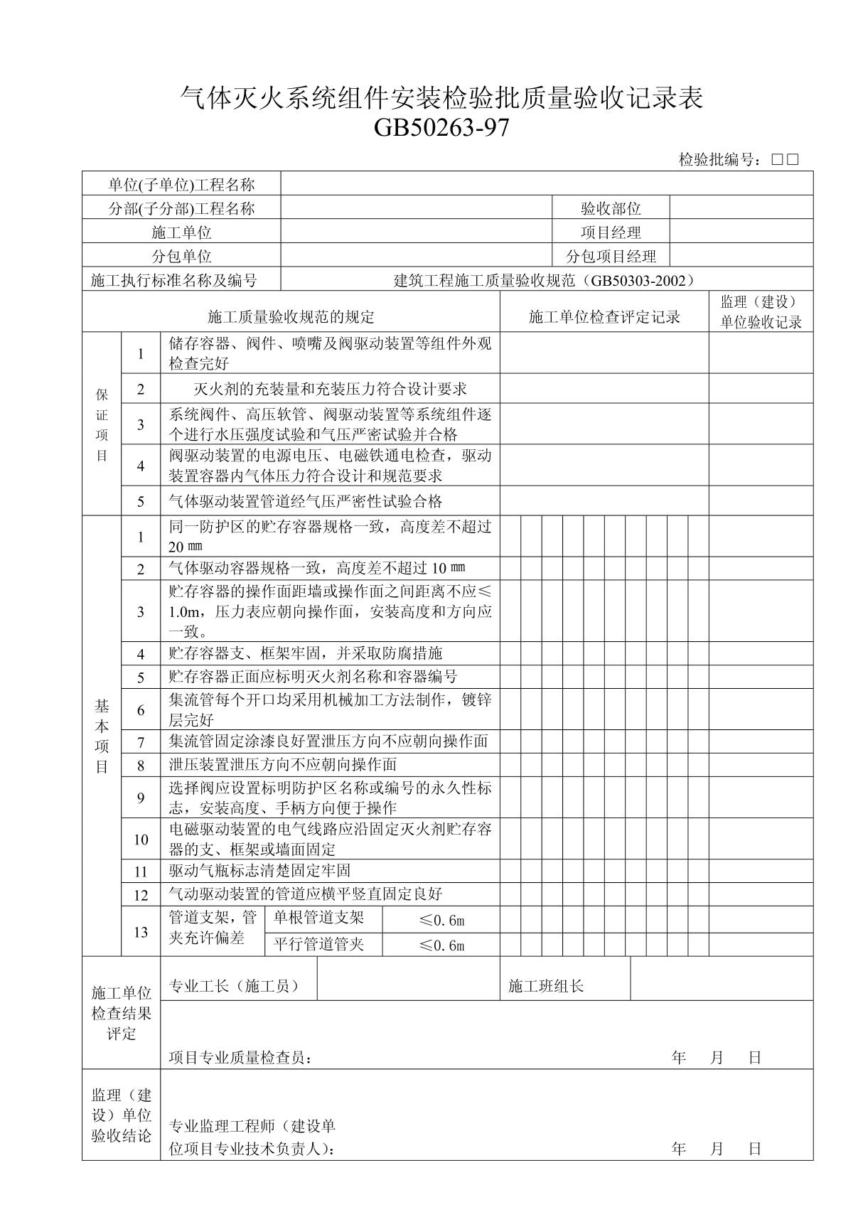 气体灭火系统组件安装检验批质量验收记录表