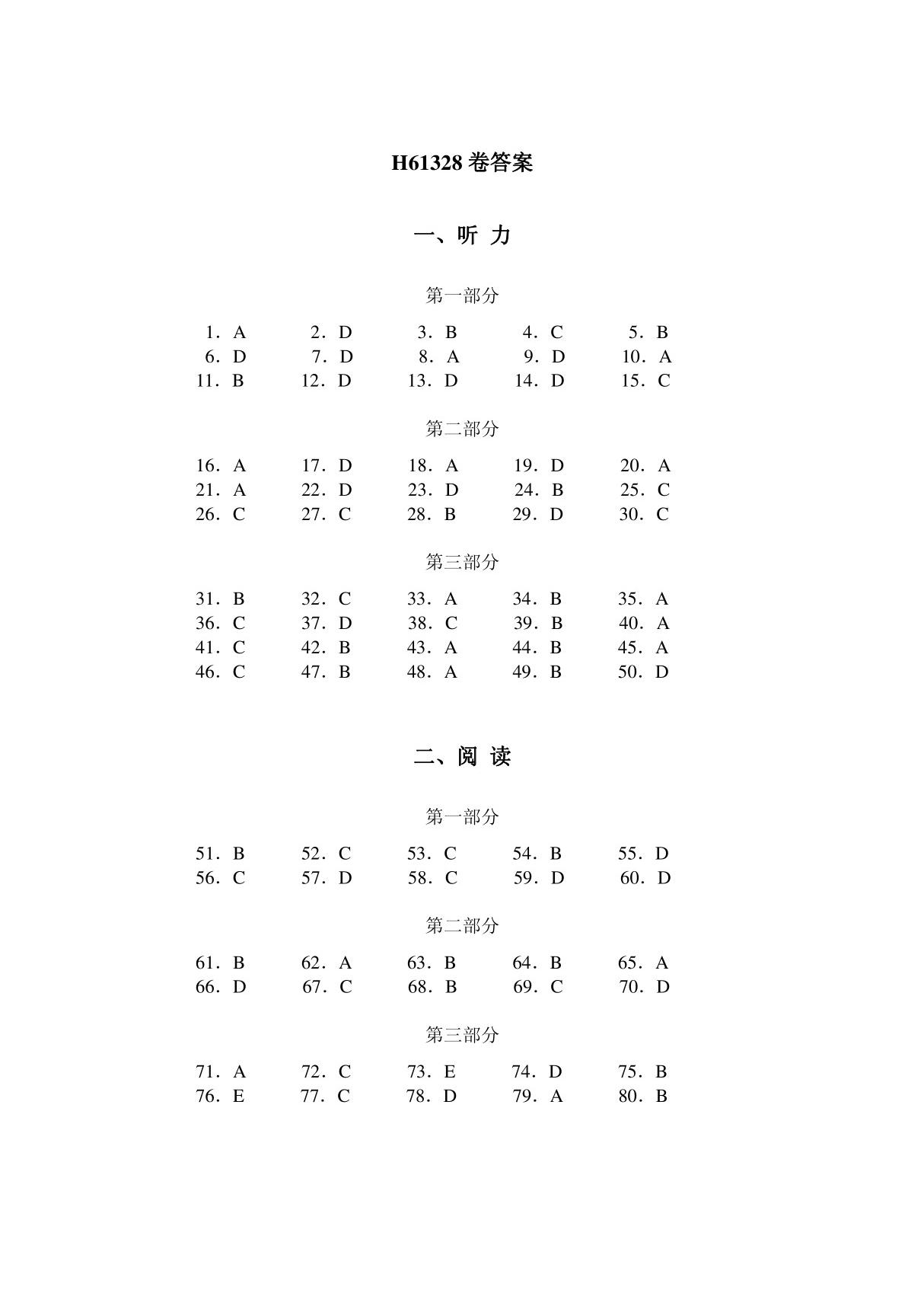 新汉语水平考试HSK6(六级)试题真题H61328答案