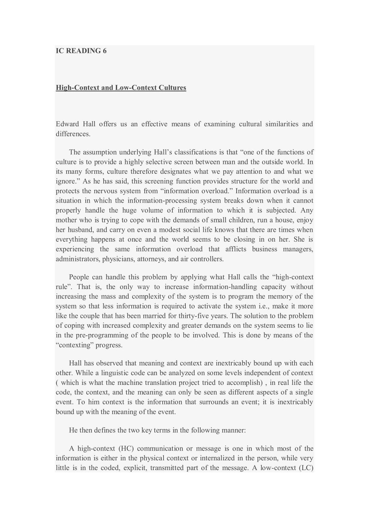 IC READING 6 High-Context and Low-Context Cultures Edward Hall