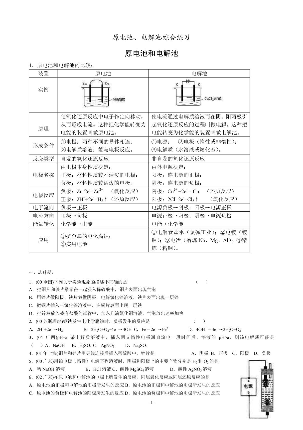 高考原电池电解池练习 doc