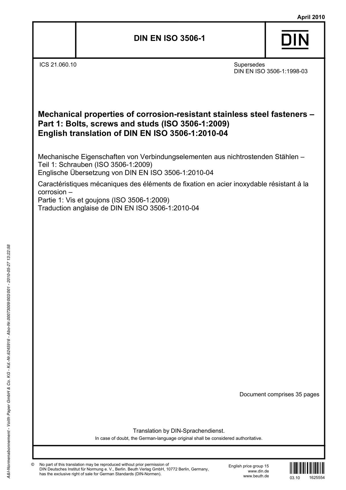 ISO 3506-1 stainless steel fasteners bolts screws and studs