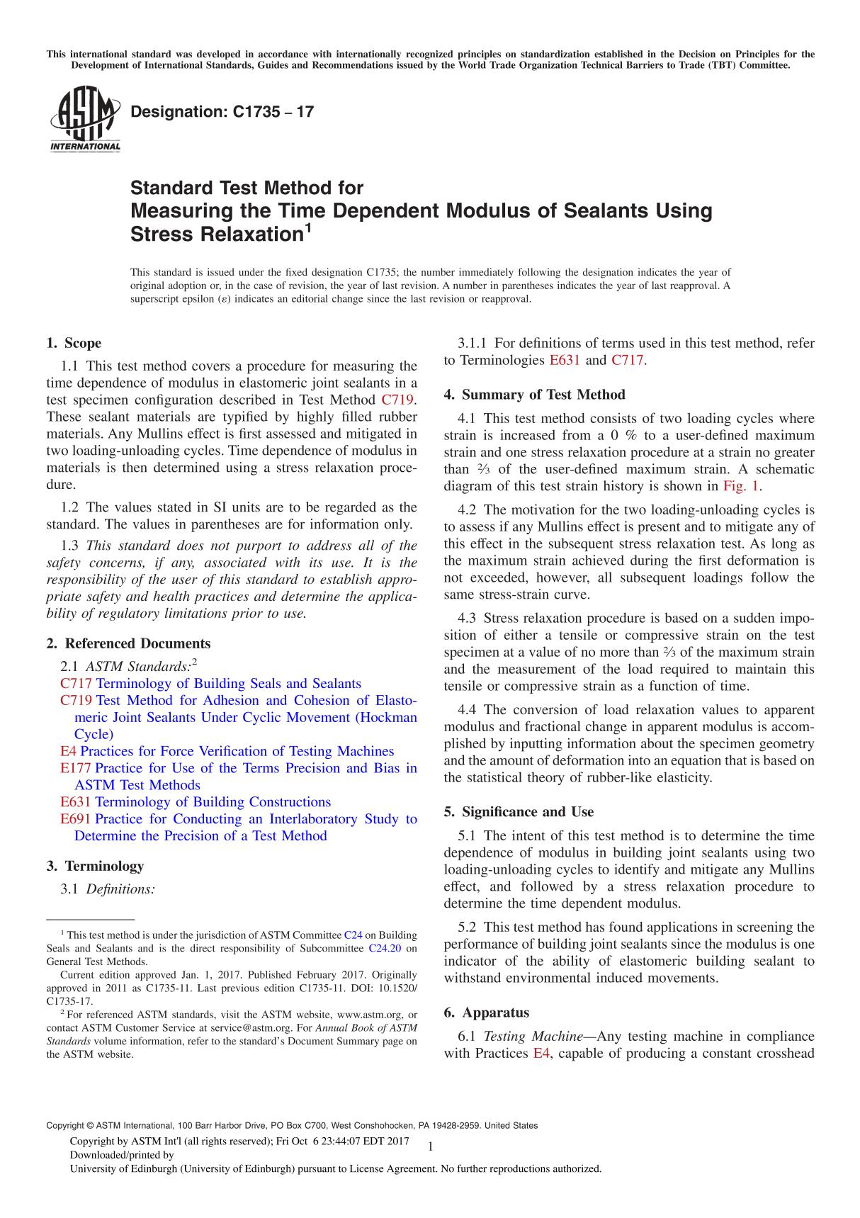 ASTM C1735-17 Standard Test Method for Measuring the Time Dependent Modulus of Sealants Using Stress Relaxation