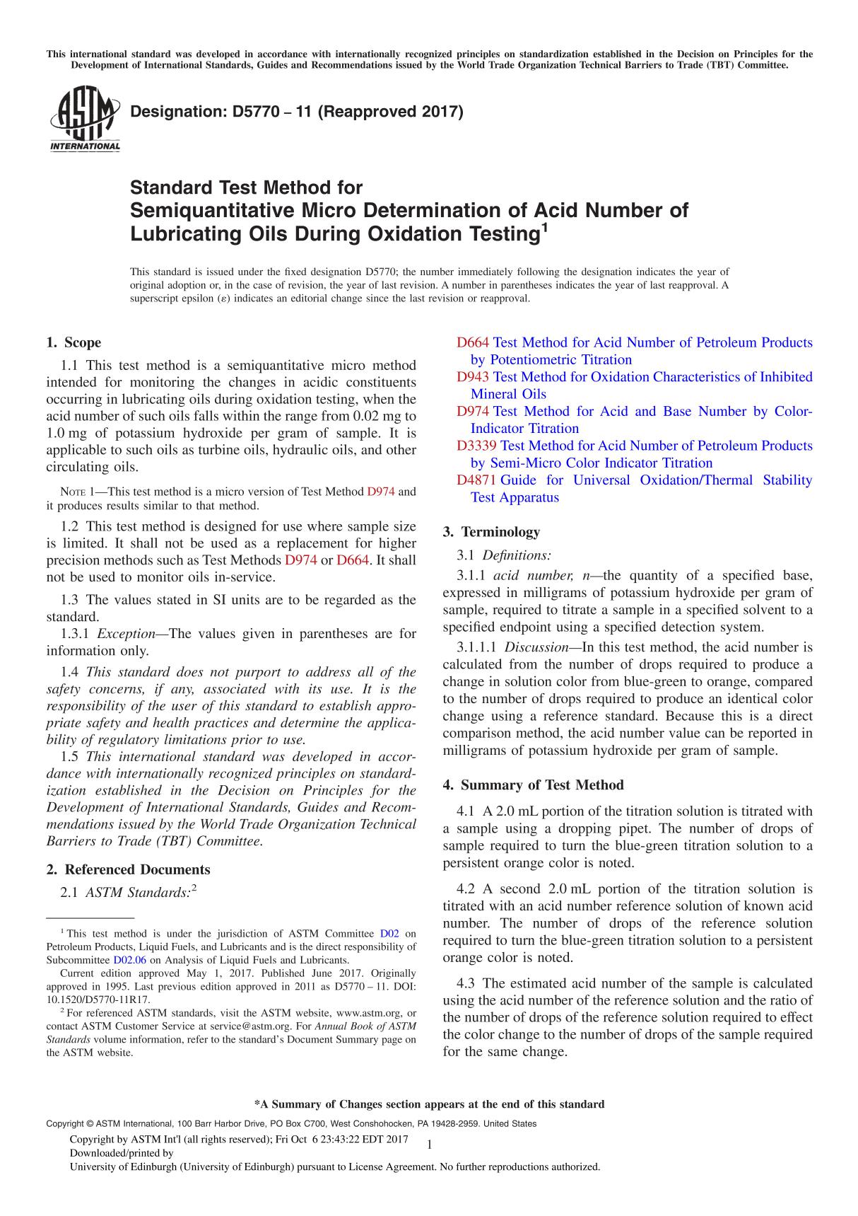 ASTM D5770-11(2017) Standard Test Method for Semiquantitative Micro Determination of Acid Number of Lubricating Oils During Oxid