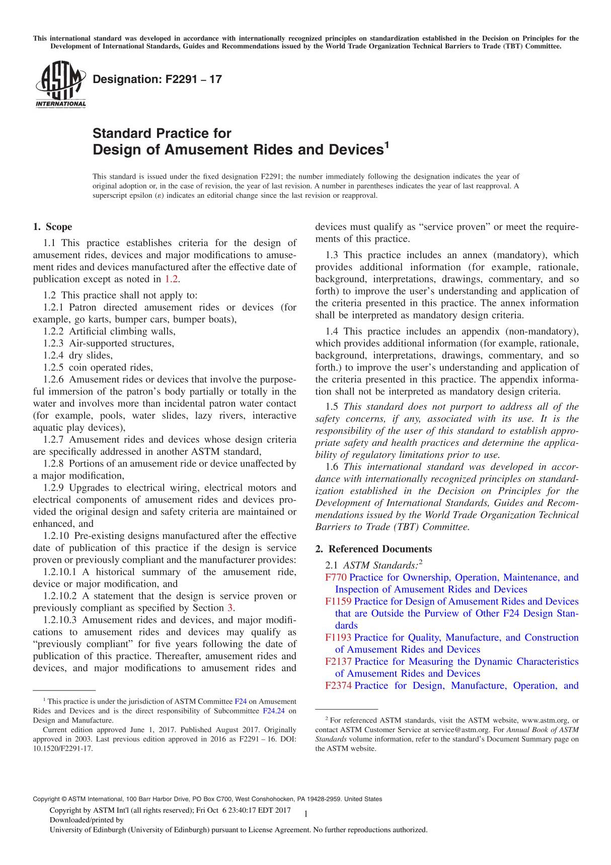 ASTM F2291-17 Standard Practice for Design of Amusement Rides and Device