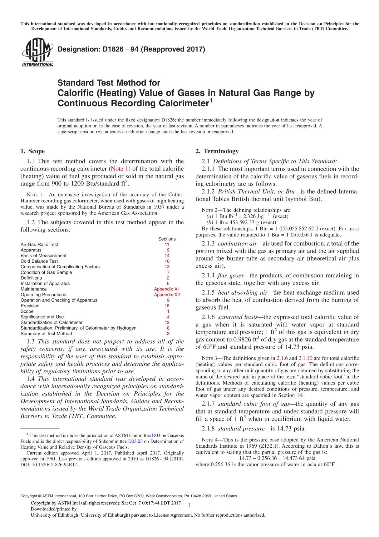 ASTM D1826-94(2017) Standard Test Method for Calorific (Heating) Value of Gases in Natural Gas Range by Continuous Recording Cal