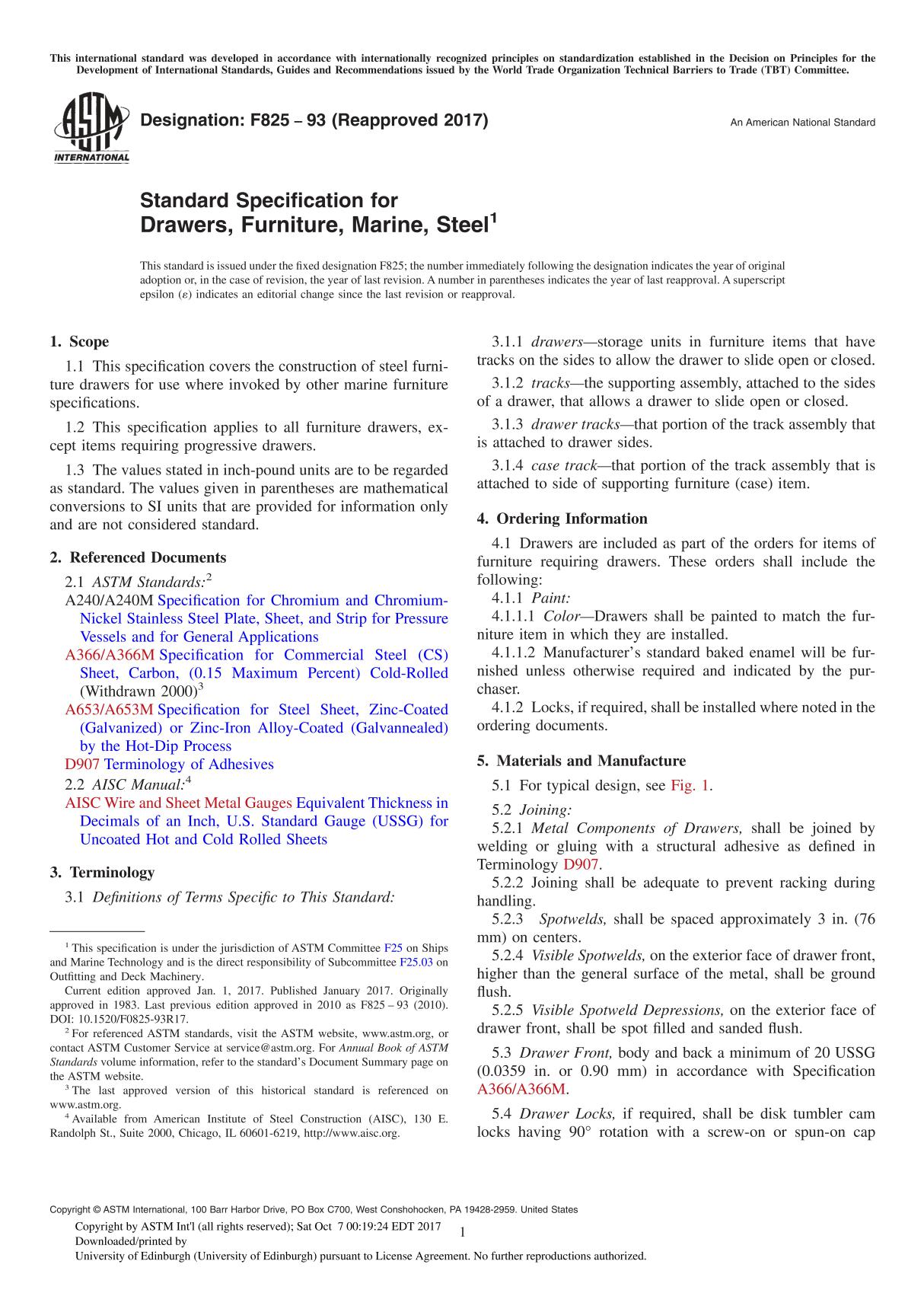 ASTM F825-93(2017) Standard Specification for Drawers, Furniture, Marine, Steel