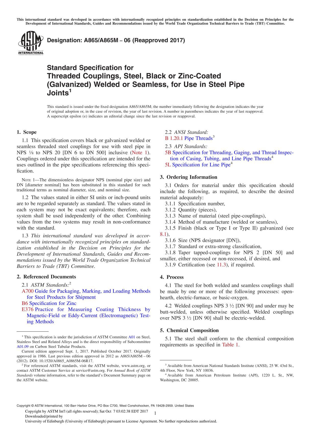 ASTM A865A865M-06(2017) Standard Specification for Threaded Couplings, Steel, Black or Zinc-Coated (Galvanized) Welded or Seamle