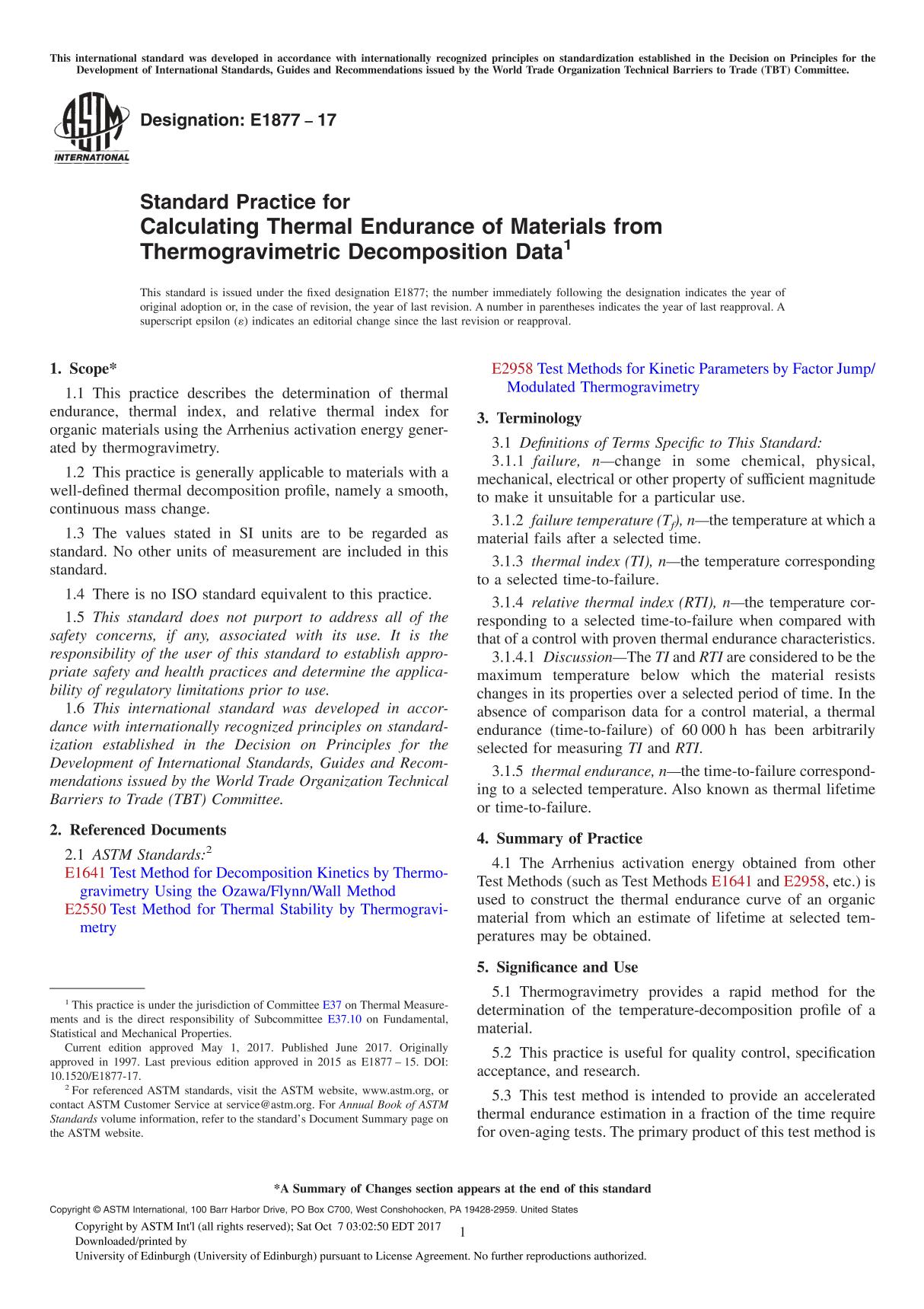 ASTM E1877-17 Standard Practice for Calculating Thermal Endurance of Materials from Thermogravimetric Decomposition Data