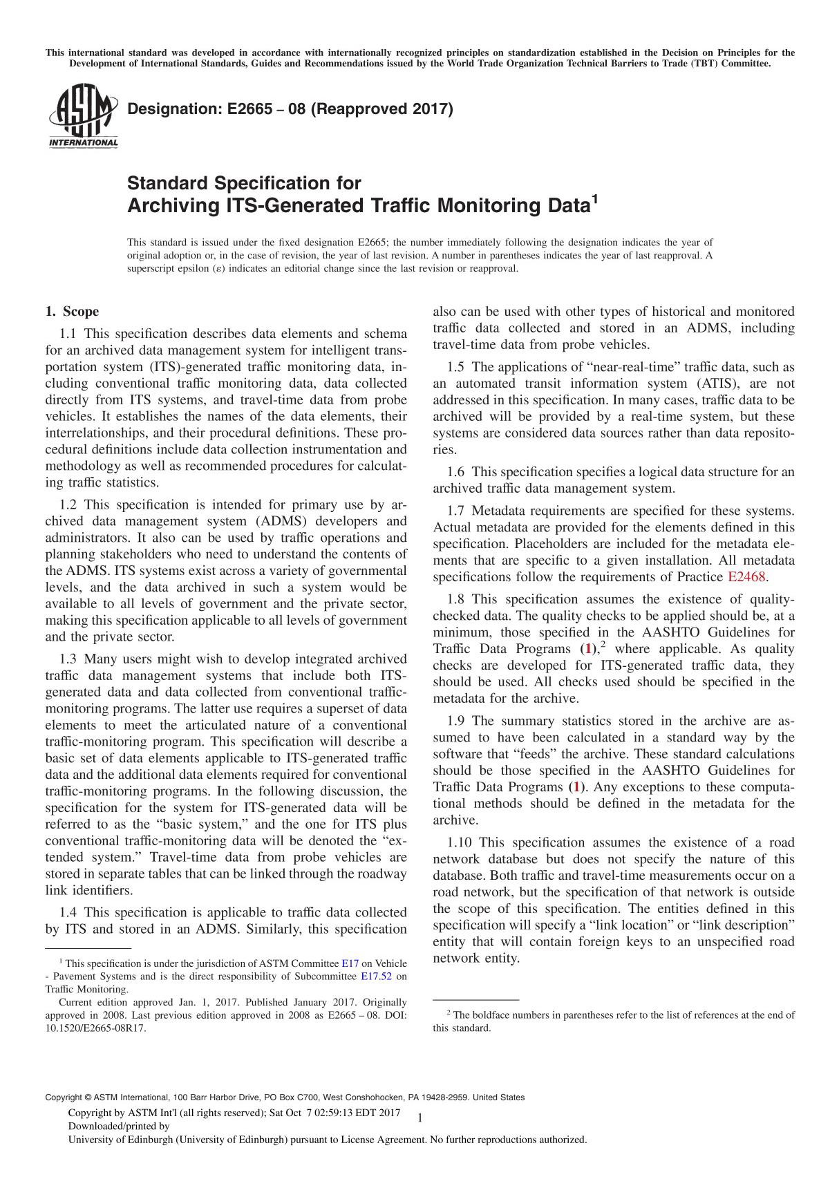 ASTM E2665-08(2017) Standard Specification for Archiving ITS-Generated Traffic Monitoring Data