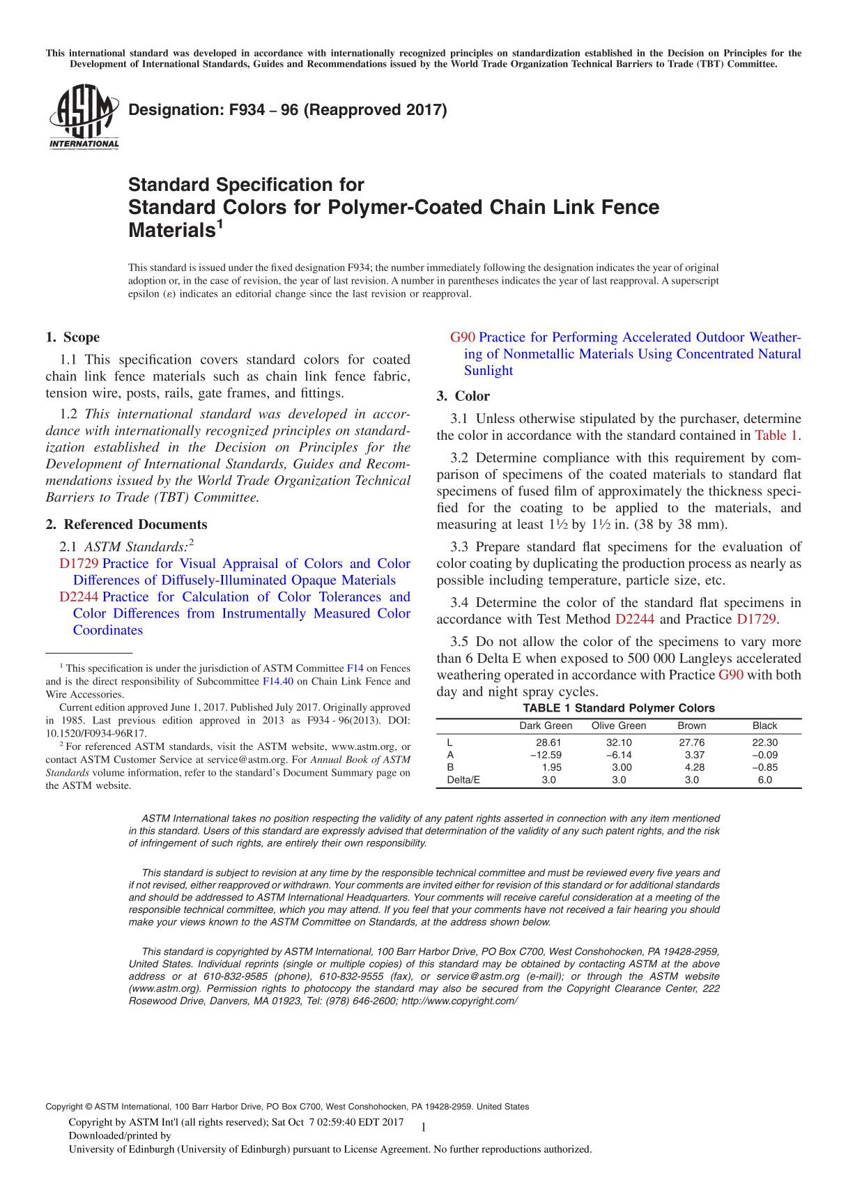 ASTM F934-96(2017) Standard Specification for Standard Colors for Polymer-Coated Chain Link Fence Material