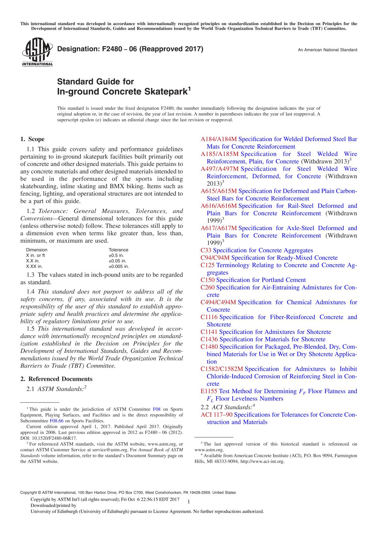 ASTM F2480-06(2017) Standard Guide for In-ground Concrete Skatepark