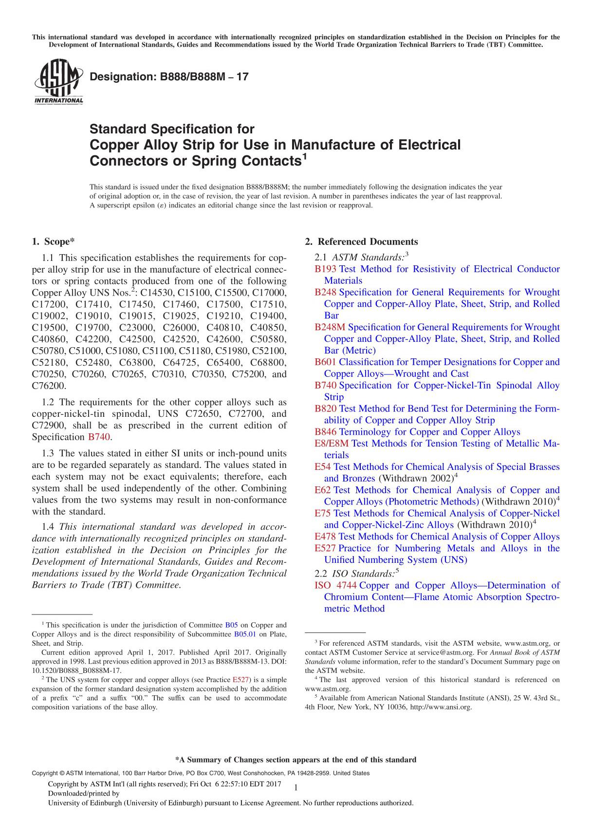 ASTM B888 B888M-17 Standard Specification for Copper Alloy Strip for Use in Manufacture of Electrical Connectors or Spring Conta