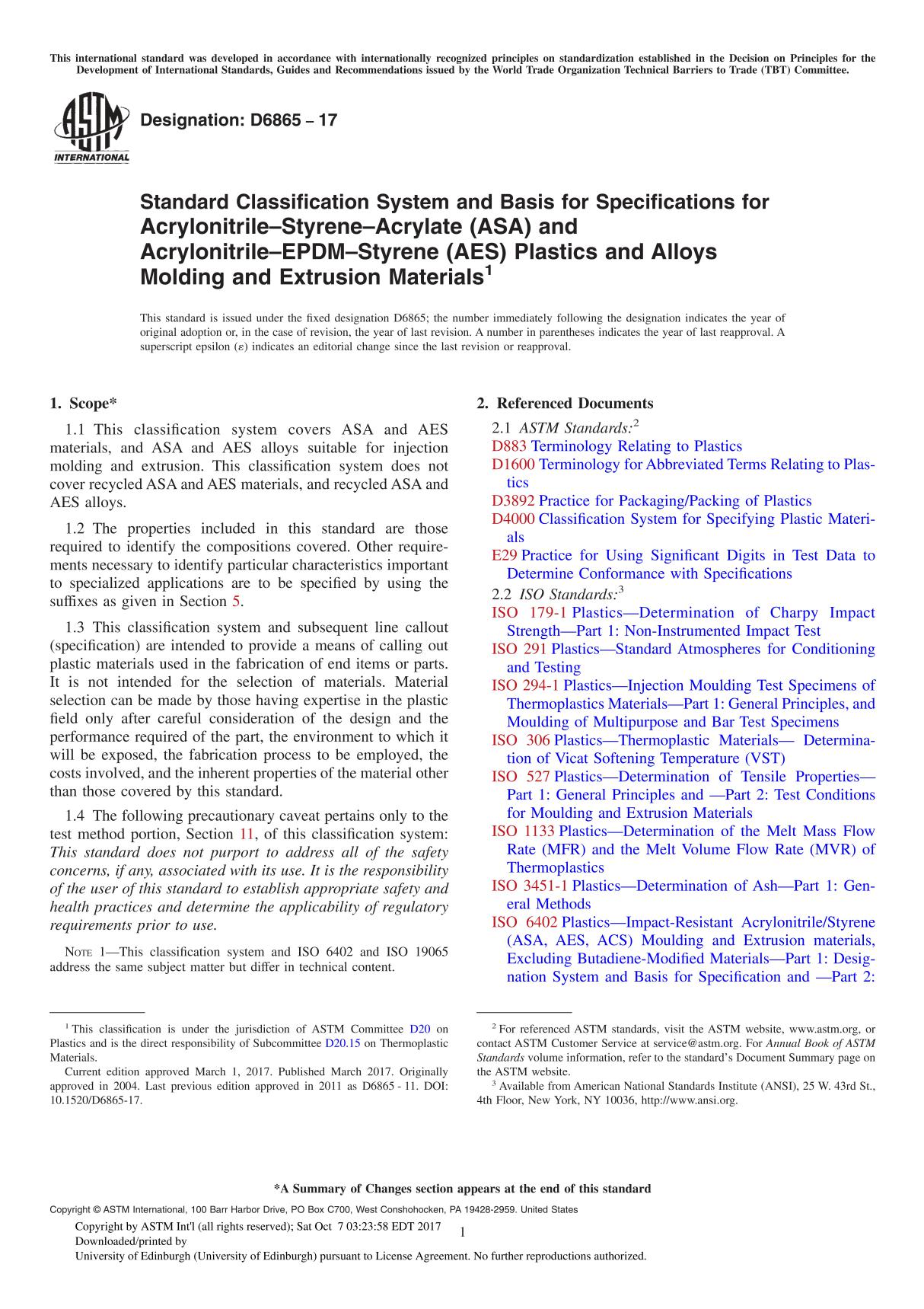 ASTM D6865-17 Standard Classification System and Basis for Specifications for Acrylonitrile–Styrene–Acrylate (ASA) and Acrylon