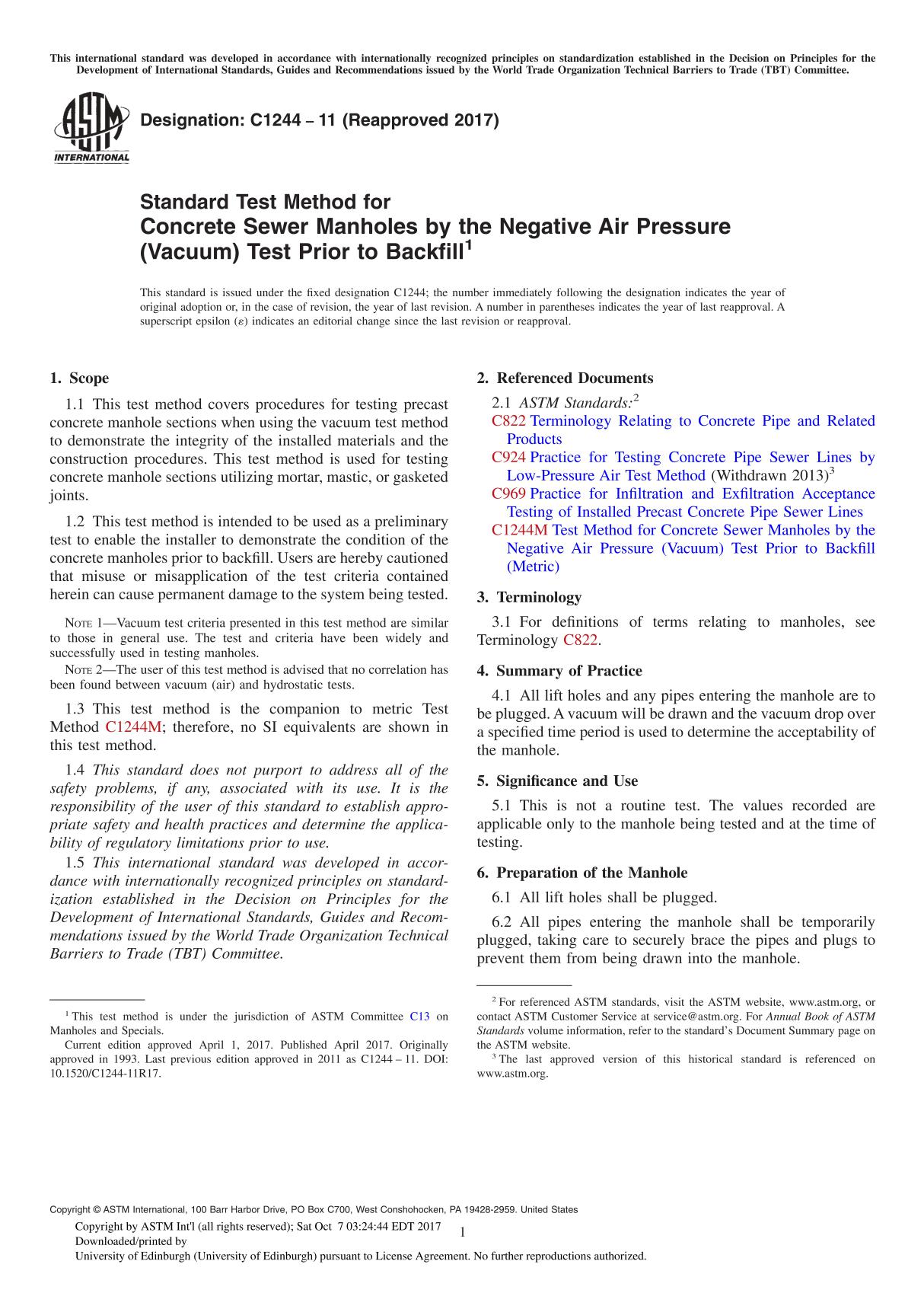 ASTM C1244-11(2017) Standard Test Method for Concrete Sewer Manholes by the Negative Air Pressure (Vacuum) Test Prior to Backfil