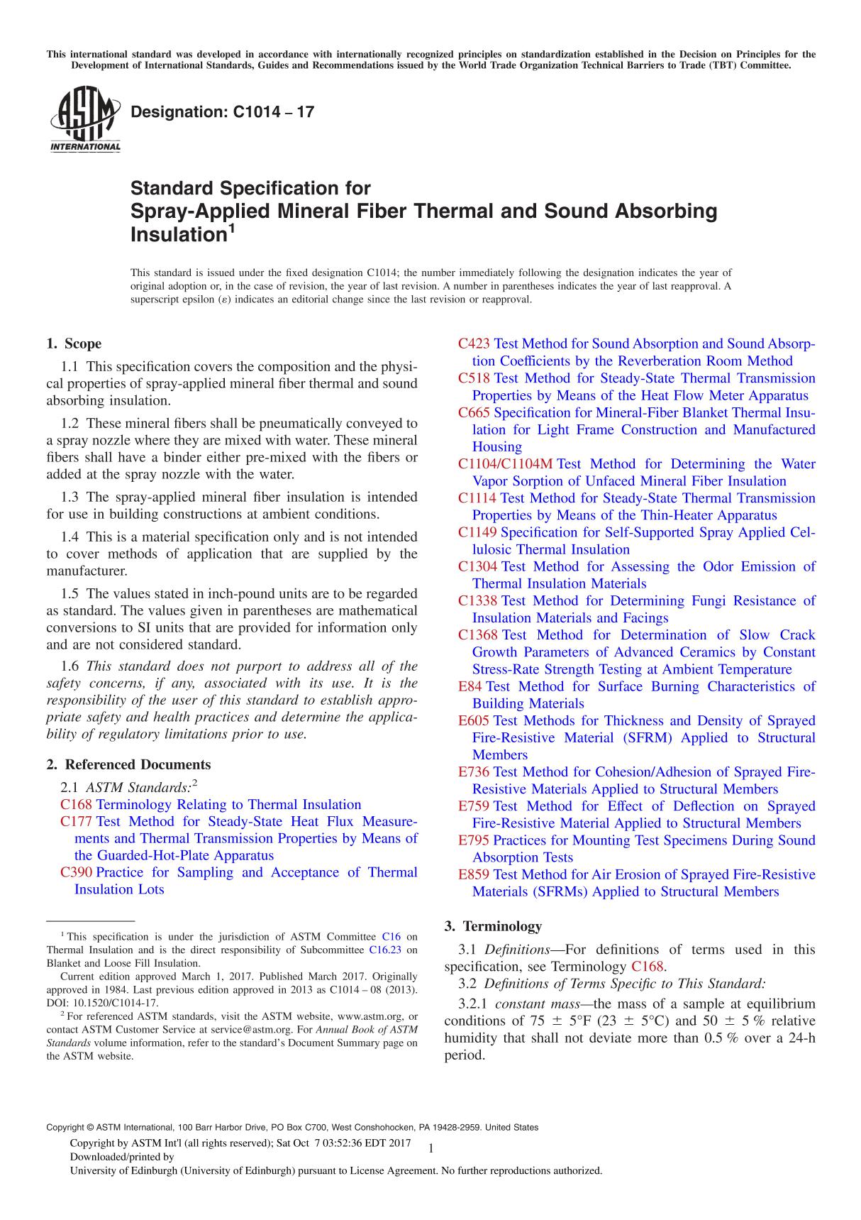 ASTM C1014-17 Standard Specification for Spray-Applied Mineral Fiber Thermal and Sound Absorbing Insulation