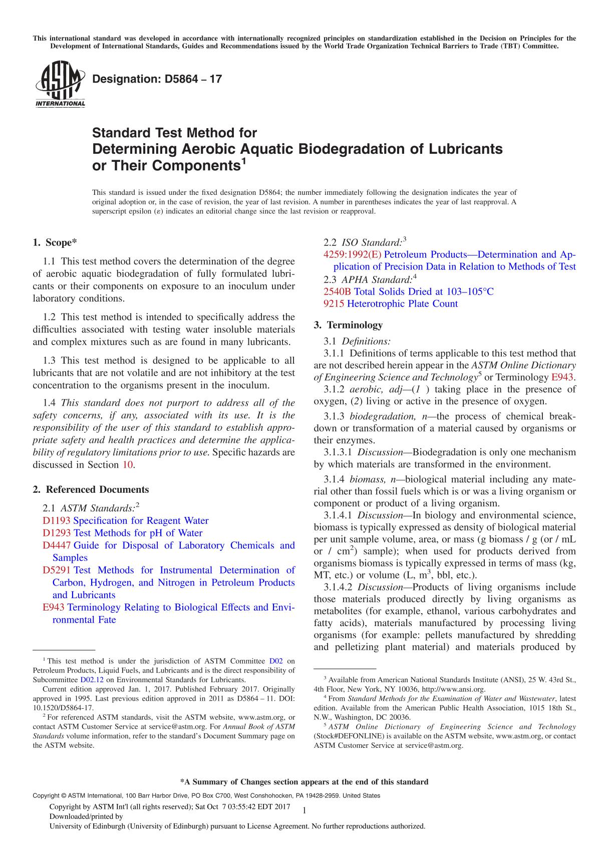 ASTM D5864-17 Standard Test Method for Determining Aerobic Aquatic Biodegradation of Lubricants or Their Component