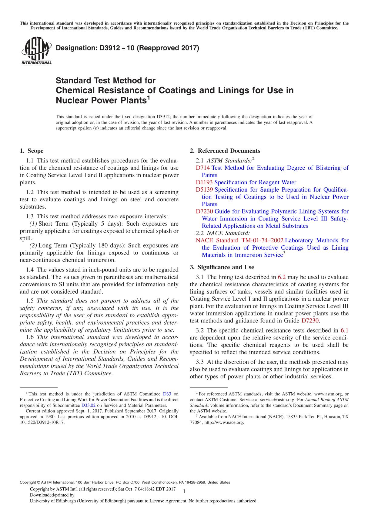 ASTM D3912-10(2017) Standard Test Method for Chemical Resistance of Coatings and Linings for Use in Nuclear Power Plant