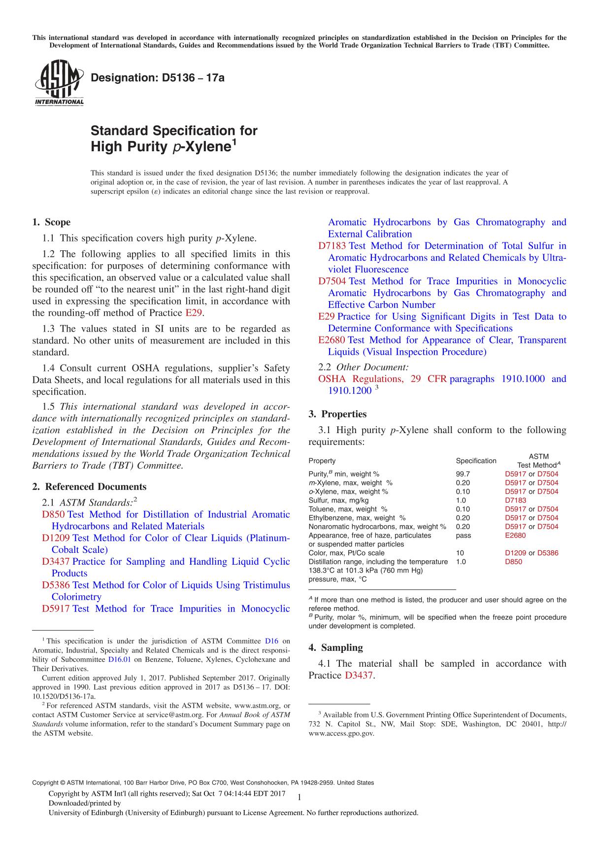 ASTM D5136-17a Standard Specification for High Purity p-Xylene