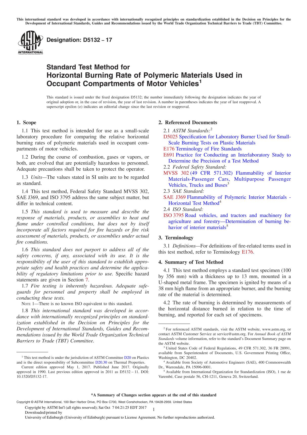 ASTM D5132-17 Standard Test Method for Horizontal Burning Rate of Polymeric Materials Used in Occupant Compartments of Motor Veh