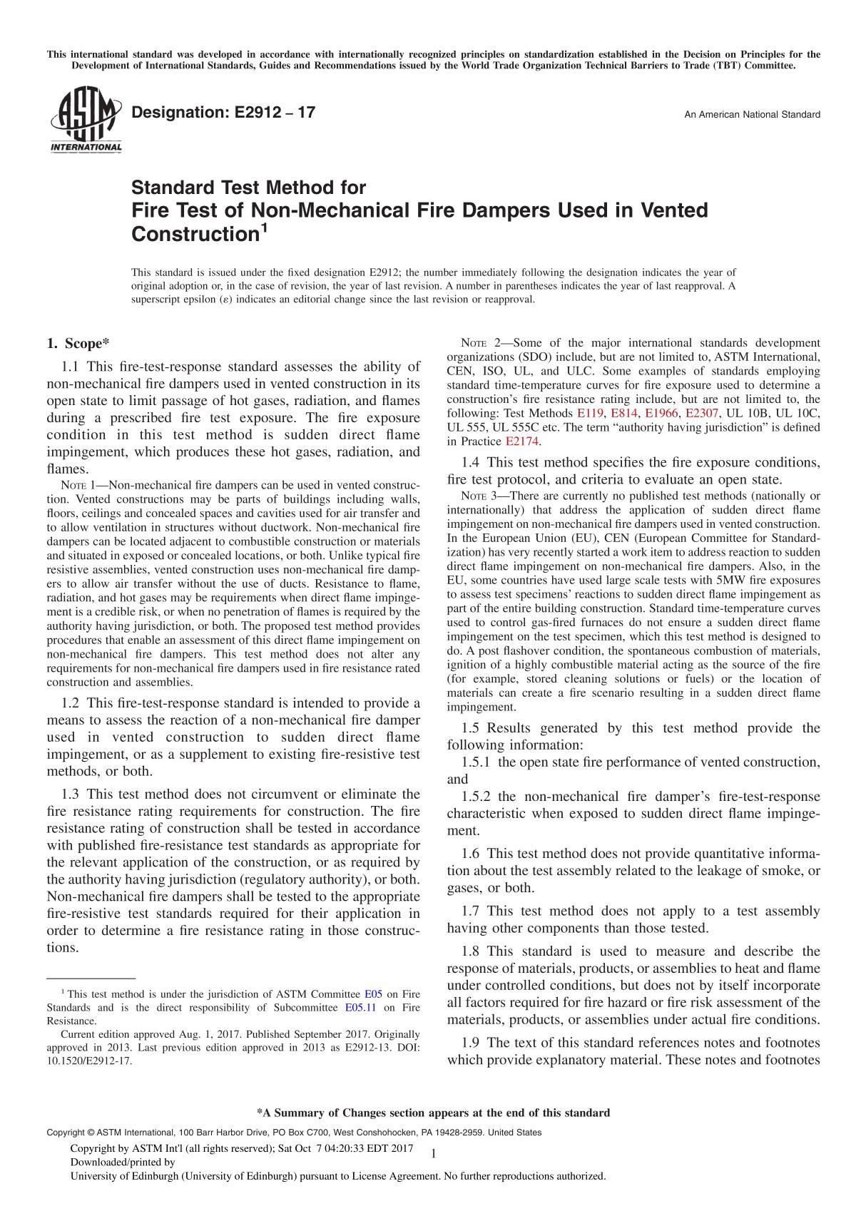 ASTM E2912-17 Standard Test Method for Fire Test of Non-Mechanical Fire Dampers Used in Vented Construction