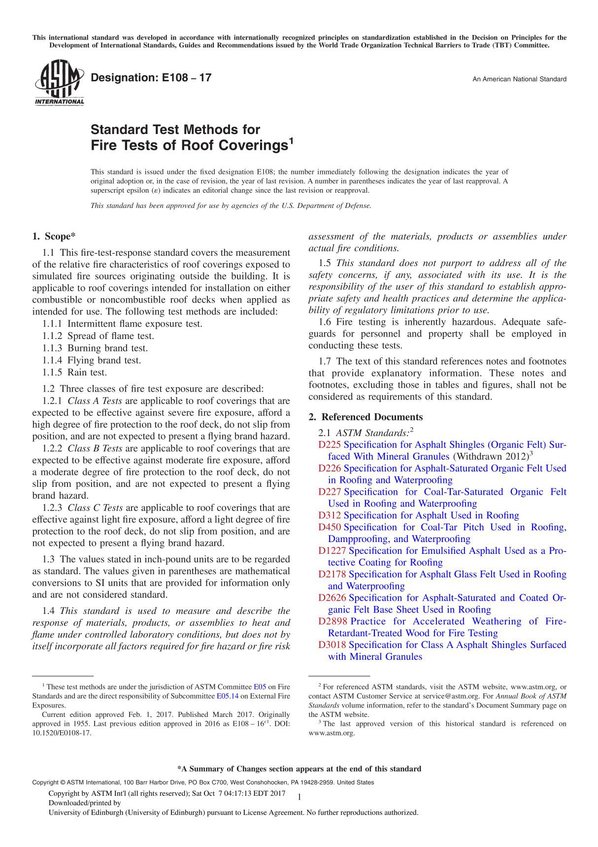 ASTM E108-17 Standard Test Methods for Fire Tests of Roof Covering