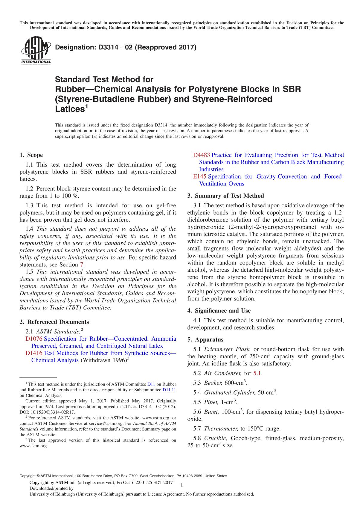 ASTM D3314-02(2017) Standard Test Method for RubberChemical Analysis for Polystyrene Blocks In SBR (Styrene-Butadiene Rubber)