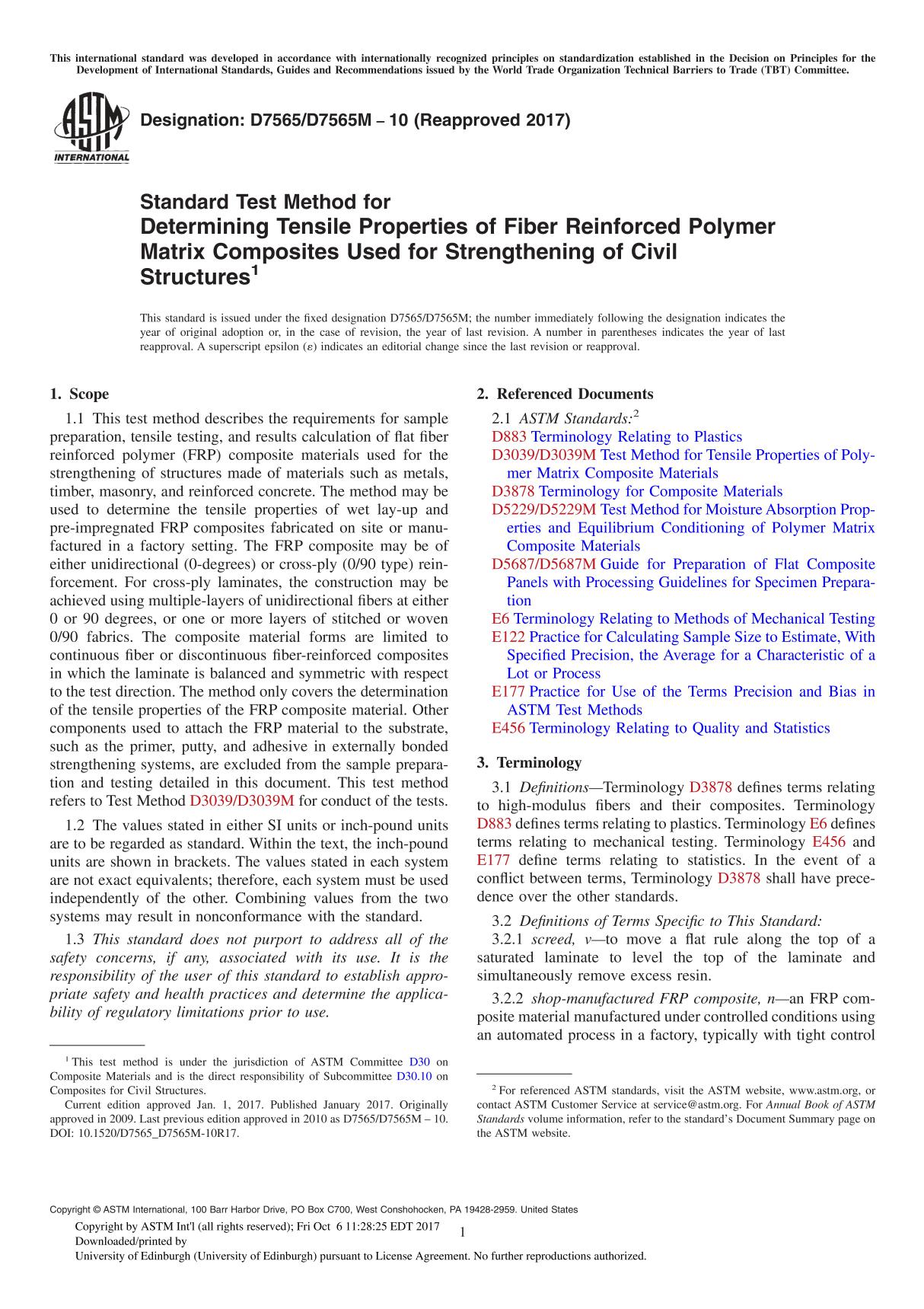 ASTM D7565 D7565M-10(2017) Standard Test Method for Determining Tensile Properties of Fiber Reinforced Polymer Matrix Composite